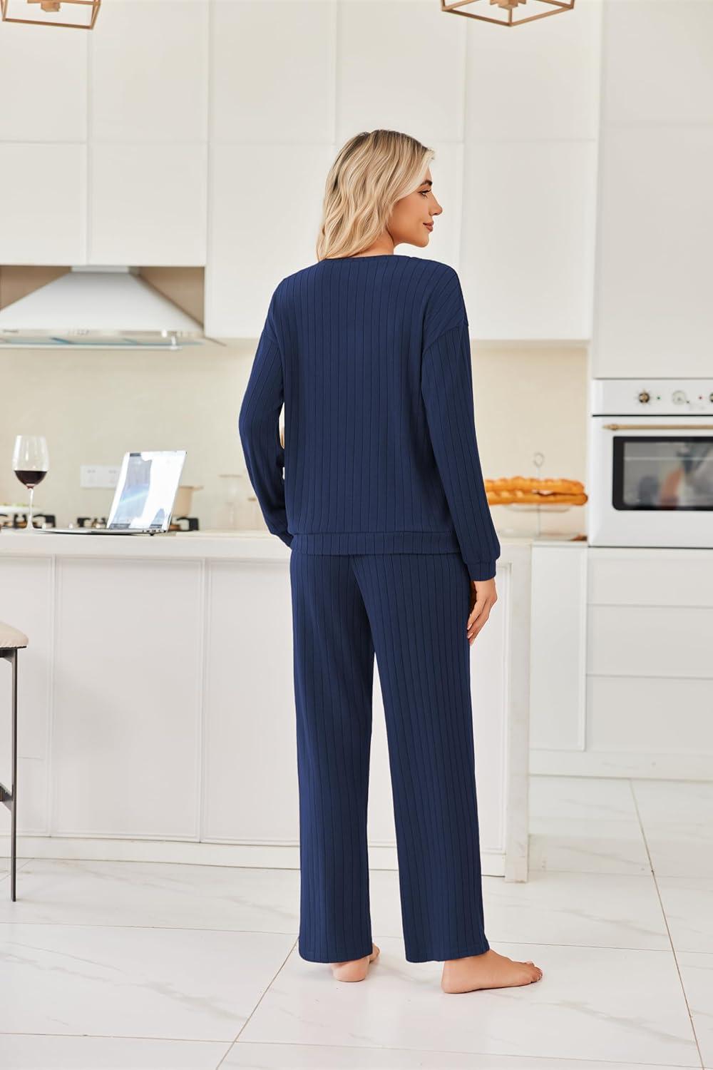 imageEkouaer Lounge Sets for Women Ribbed Knit Pajama Sets 2 Piece Long Sleeve Pjs Soft Loungewear Outfits with PocketsNavy Blue