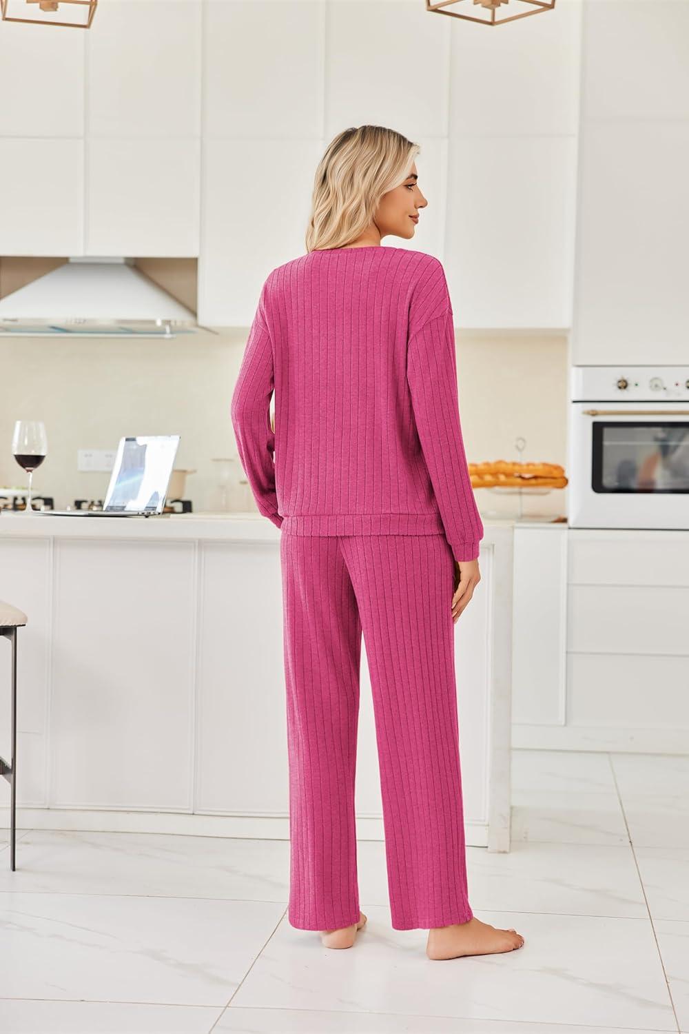 imageEkouaer Lounge Sets for Women Ribbed Knit Pajama Sets 2 Piece Long Sleeve Pjs Soft Loungewear Outfits with PocketsRose Red