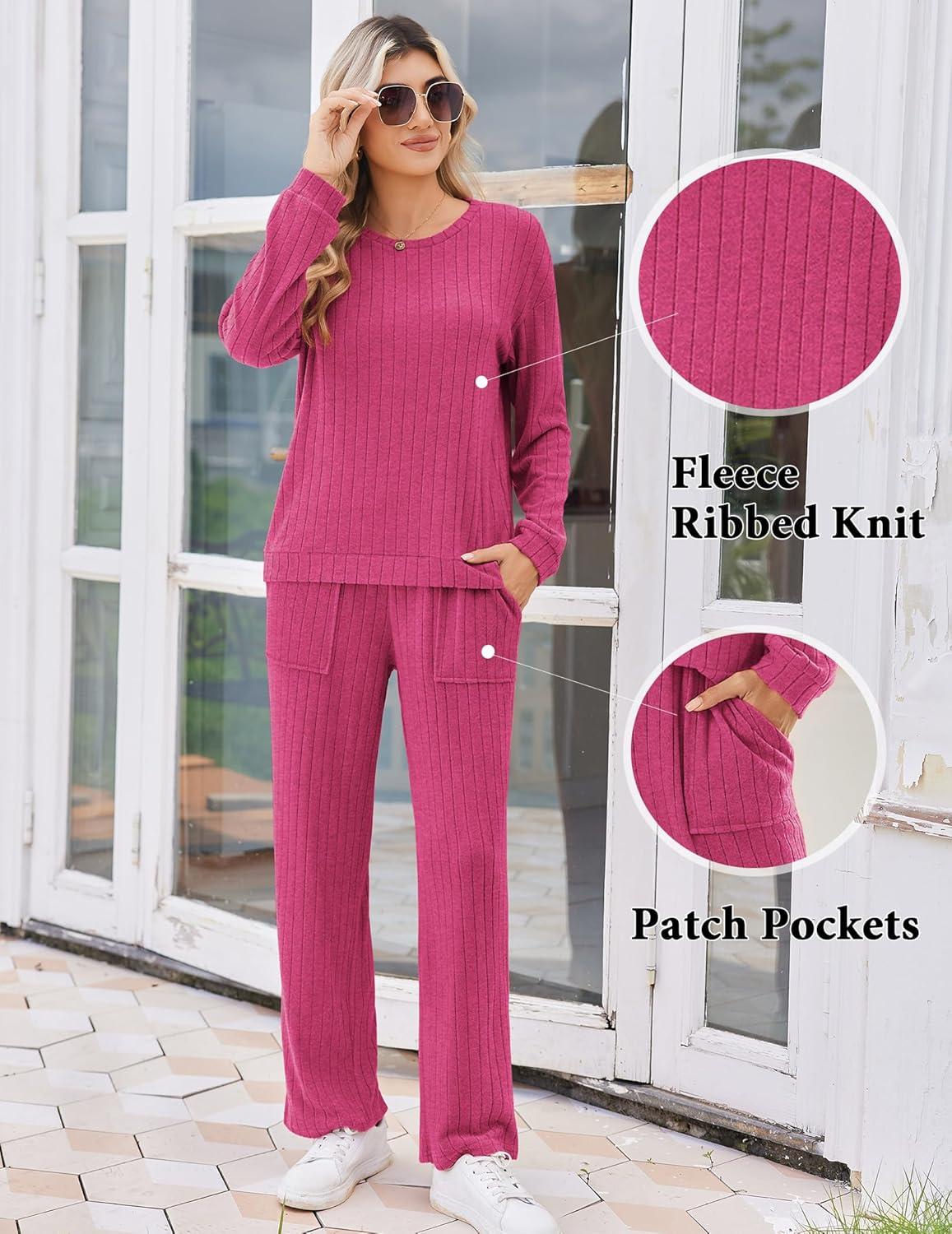 imageEkouaer Lounge Sets for Women Ribbed Knit Pajama Sets 2 Piece Long Sleeve Pjs Soft Loungewear Outfits with PocketsRose Red