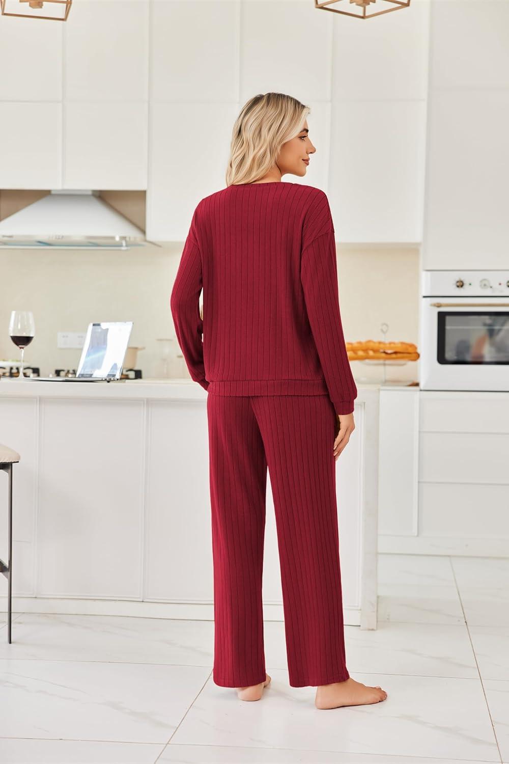 imageEkouaer Lounge Sets for Women Ribbed Knit Pajama Sets 2 Piece Long Sleeve Pjs Soft Loungewear Outfits with PocketsWine Red