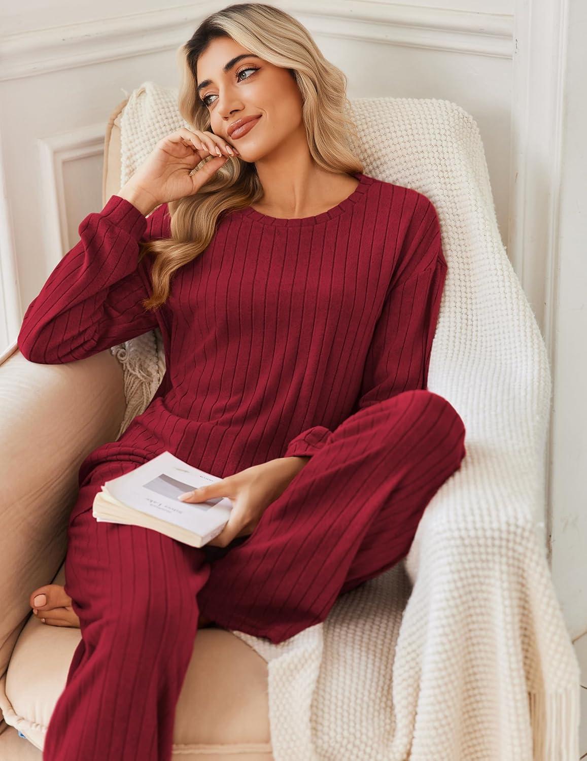 imageEkouaer Lounge Sets for Women Ribbed Knit Pajama Sets 2 Piece Long Sleeve Pjs Soft Loungewear Outfits with PocketsWine Red