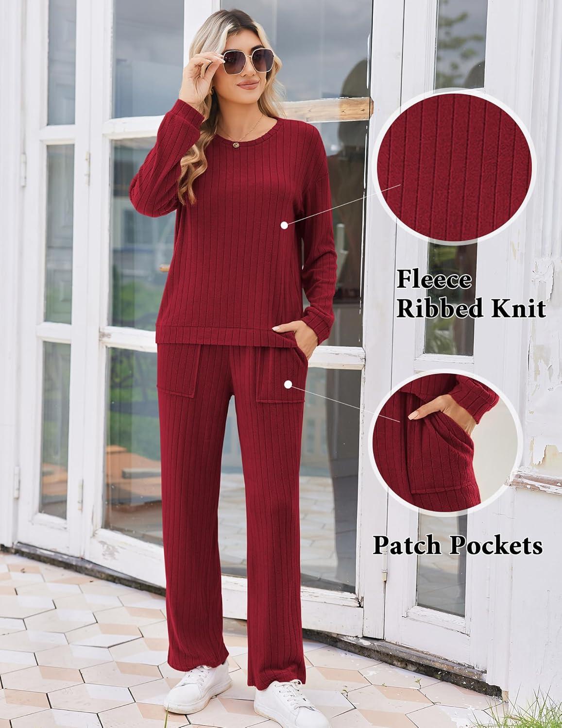 imageEkouaer Lounge Sets for Women Ribbed Knit Pajama Sets 2 Piece Long Sleeve Pjs Soft Loungewear Outfits with PocketsWine Red