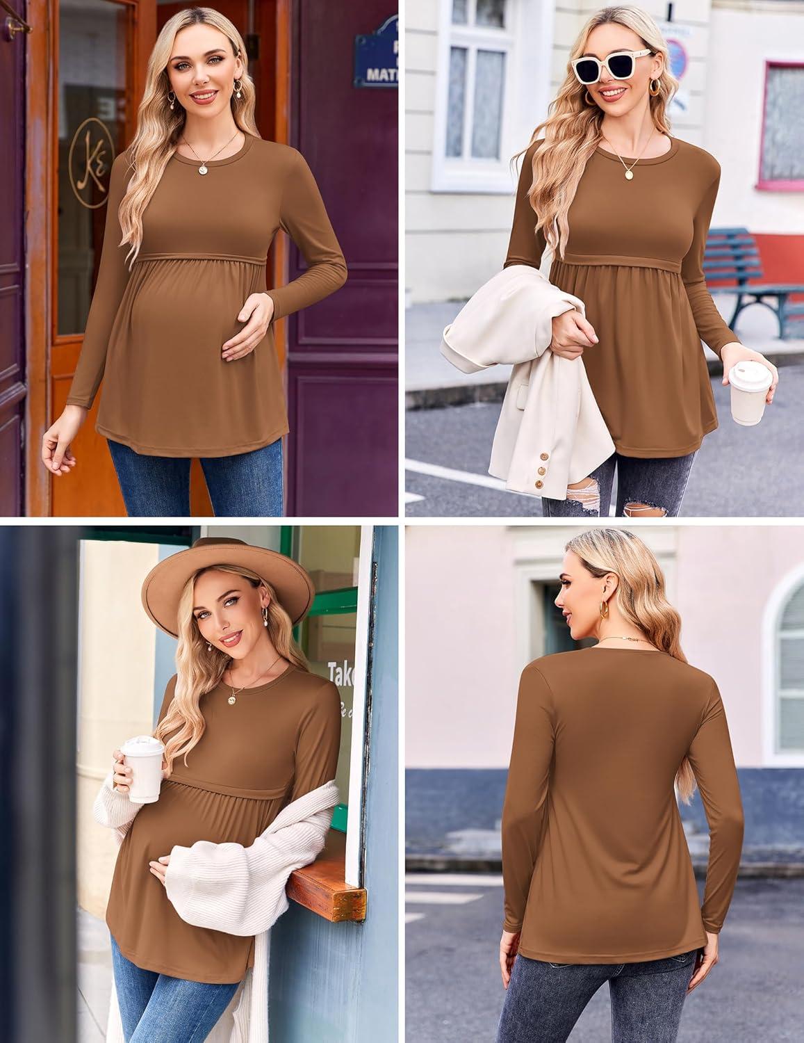 imageEkouaer Maternity Shirts 3 Packs Pleated Long Sleeve Tops Tunic Casual Pregnancy ClothesBlackBrownWhite