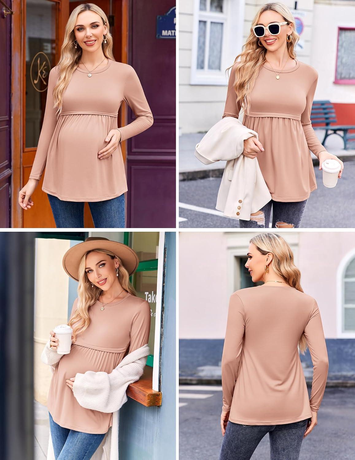 imageEkouaer Maternity Shirts 3 Packs Pleated Long Sleeve Tops Tunic Casual Pregnancy ClothesBlackGreyPink