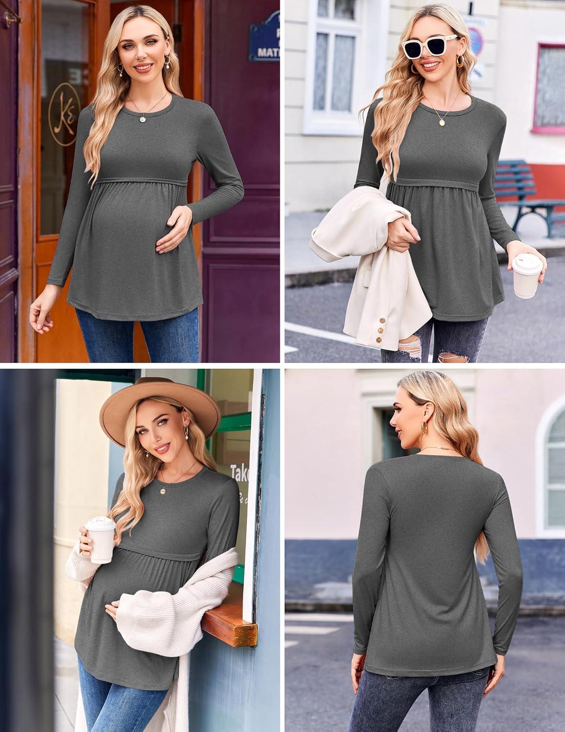 imageEkouaer Maternity Shirts 3 Packs Pleated Long Sleeve Tops Tunic Casual Pregnancy ClothesBlackGreyPink