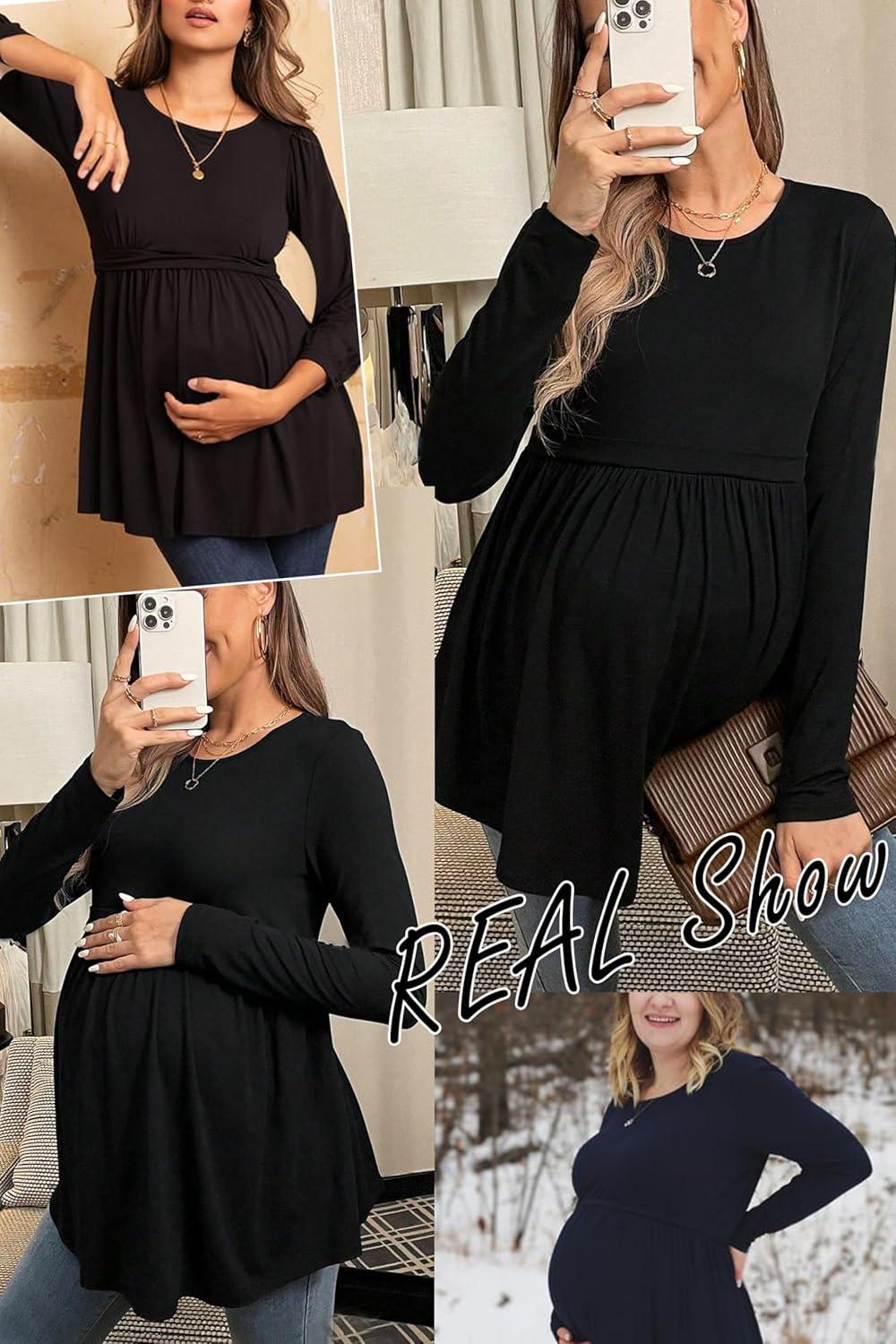 imageEkouaer Maternity Shirts 3 Packs Pleated Long Sleeve Tops Tunic Casual Pregnancy ClothesBlackWhiteCaramel