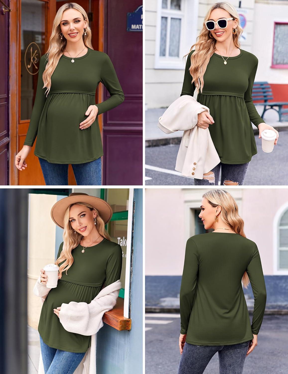 imageEkouaer Maternity Shirts 3 Packs Pleated Long Sleeve Tops Tunic Casual Pregnancy ClothesGreenGreyPurple