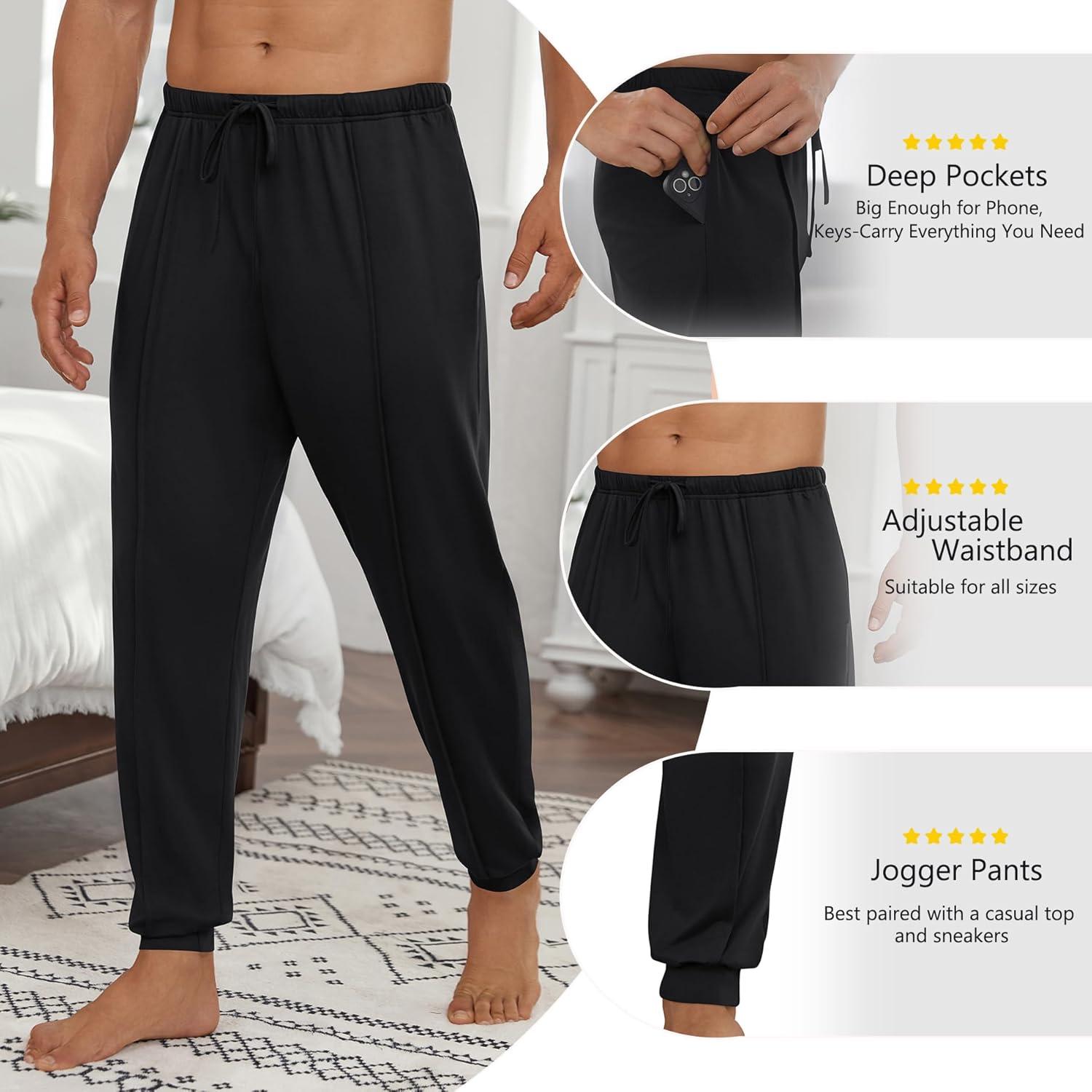 imageEkouaer Mens Pajama Pants Ultra Lightweight Pjs Bottoms Soft Sleep Jogger Pants with Pocket DrawstringBlack