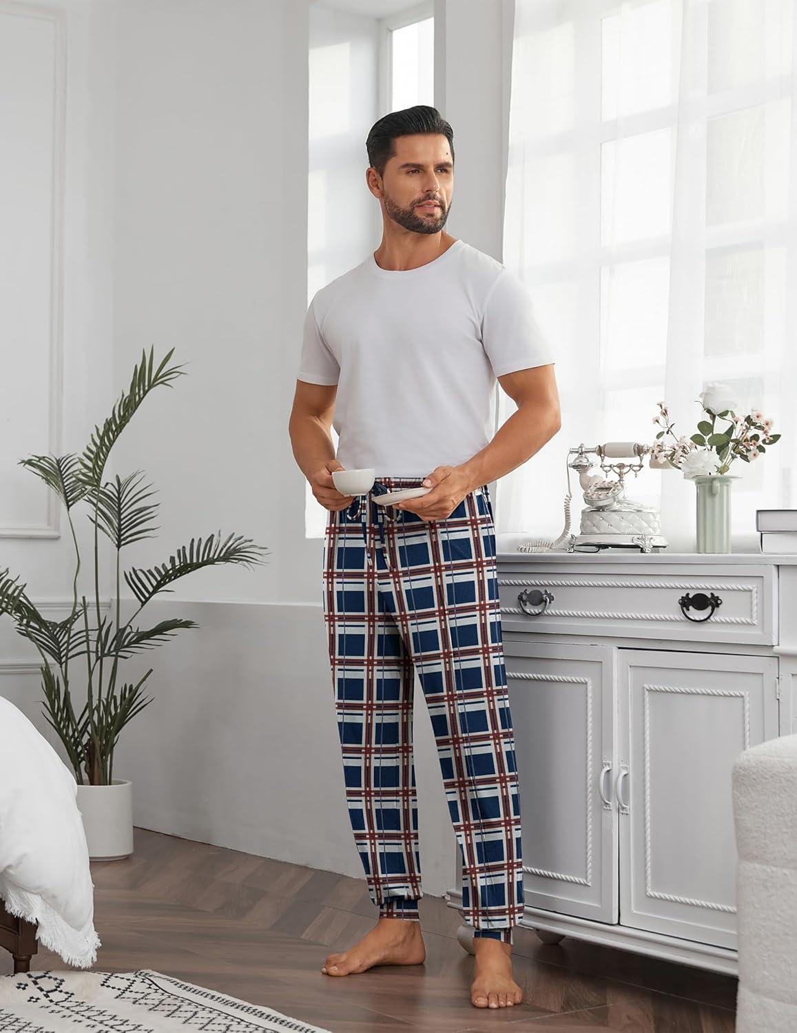 imageEkouaer Mens Pajama Pants Ultra Lightweight Pjs Bottoms Soft Sleep Jogger Pants with Pocket DrawstringBlue Plaid