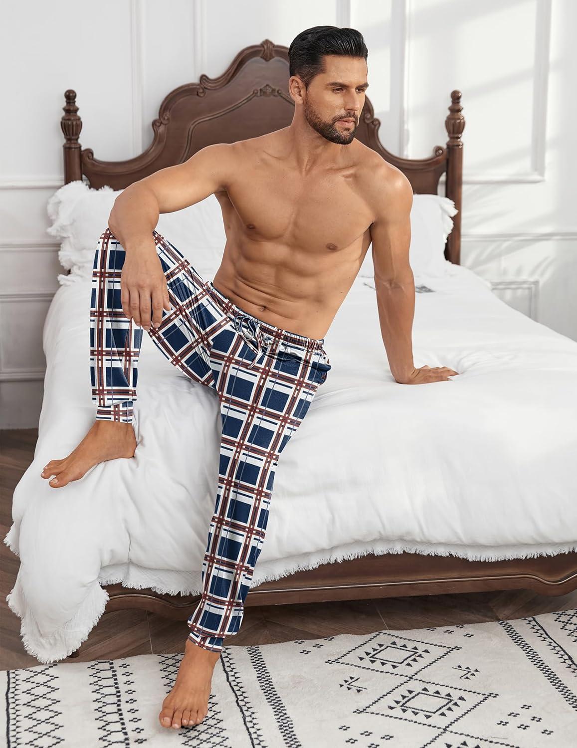 imageEkouaer Mens Pajama Pants Ultra Lightweight Pjs Bottoms Soft Sleep Jogger Pants with Pocket DrawstringBlue Plaid