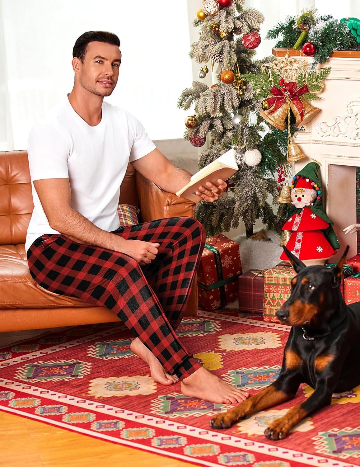 imageEkouaer Mens Pajama Pants Ultra Lightweight Pjs Bottoms Soft Sleep Jogger Pants with Pocket DrawstringRed Plaid