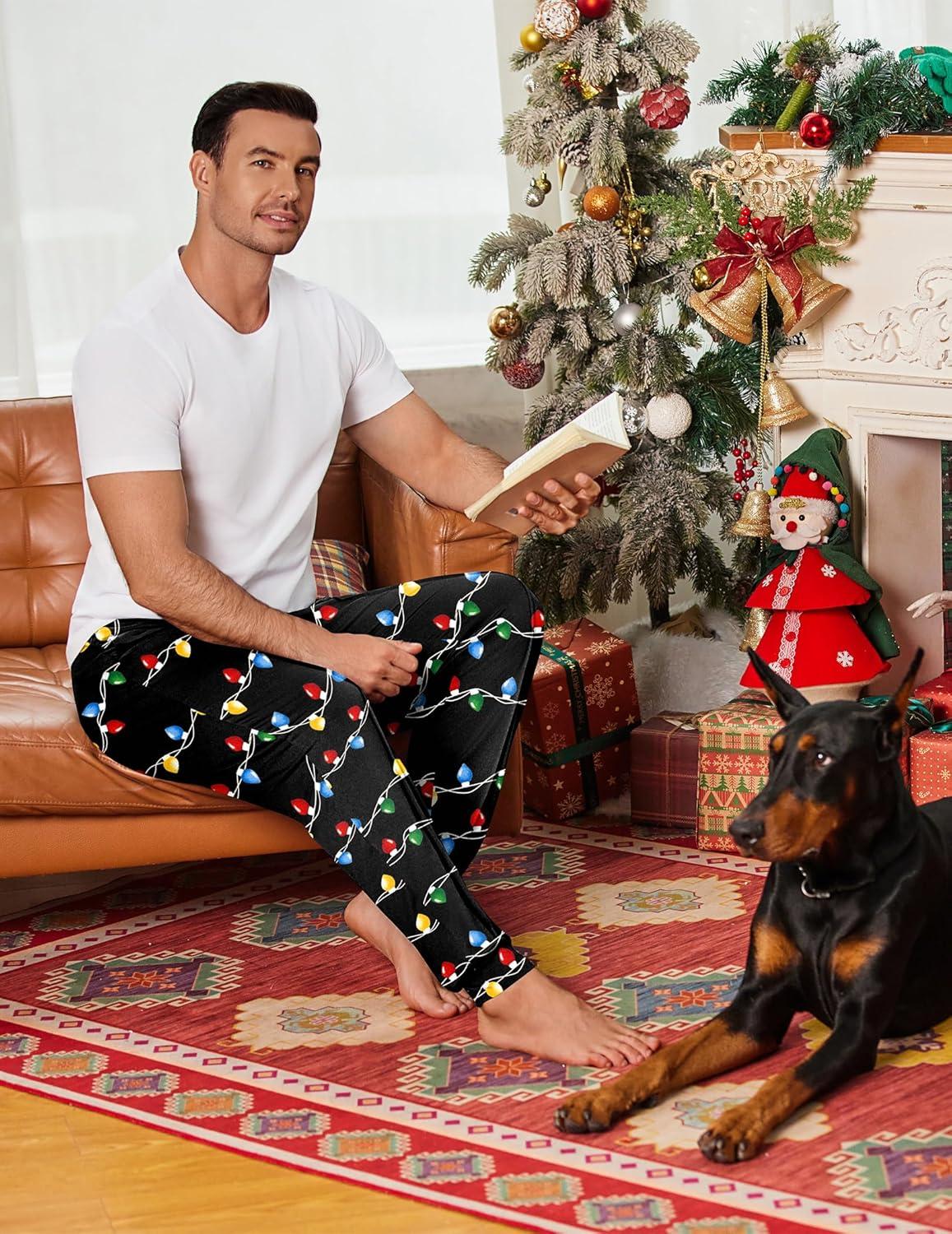 imageEkouaer Mens Pajama Pants Ultra Lightweight Pjs Bottoms Soft Sleep Jogger Pants with Pocket DrawstringXmas Light Bulbs