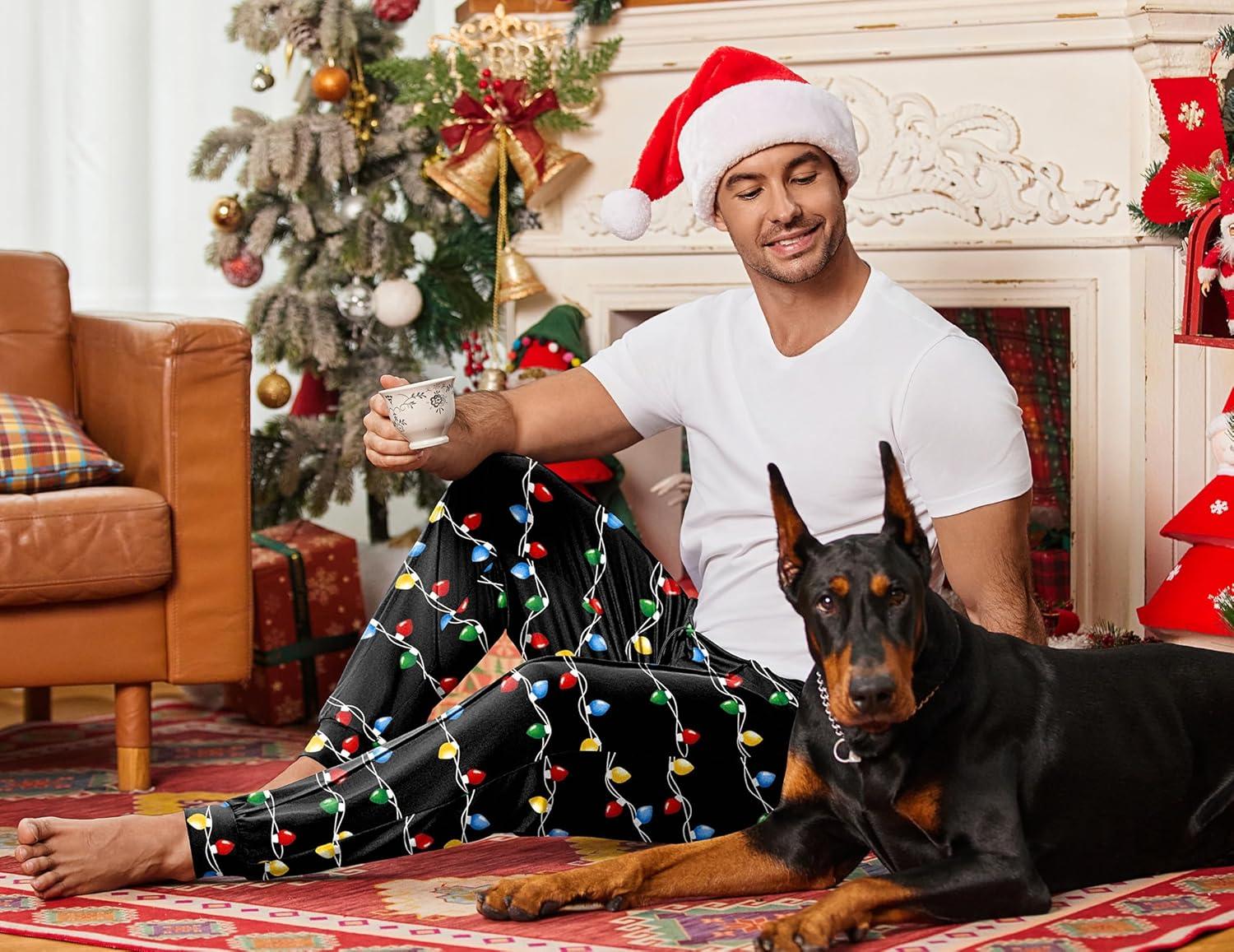 imageEkouaer Mens Pajama Pants Ultra Lightweight Pjs Bottoms Soft Sleep Jogger Pants with Pocket DrawstringXmas Light Bulbs