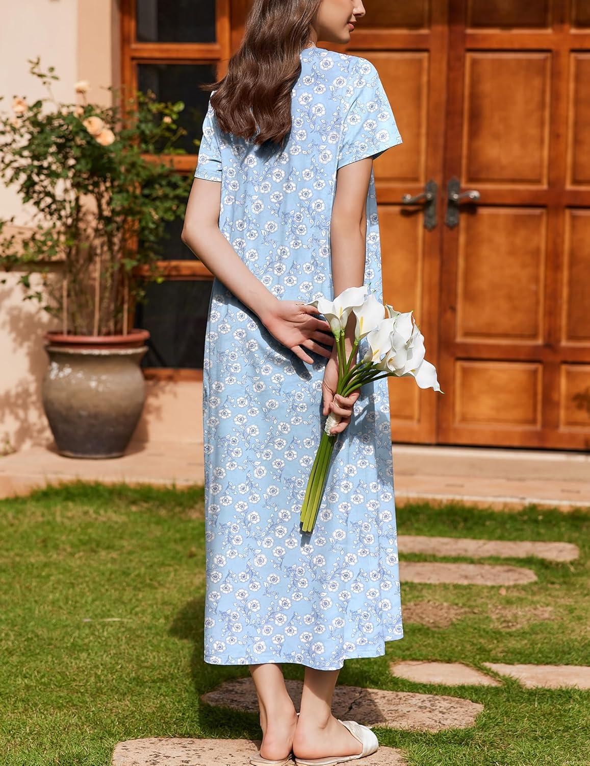 imageEkouaer Nightgown for Women Cotton Long Night Gown Short Sleeve Nightdress with Pockets Button Sleepshirt Soft SleepwearBlue White Florals