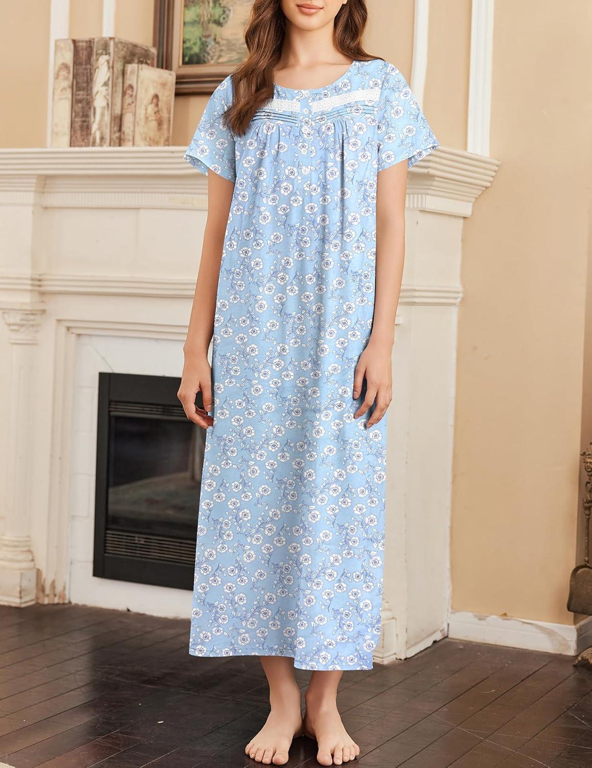 imageEkouaer Nightgown for Women Cotton Long Night Gown Short Sleeve Nightdress with Pockets Button Sleepshirt Soft SleepwearBlue White Florals