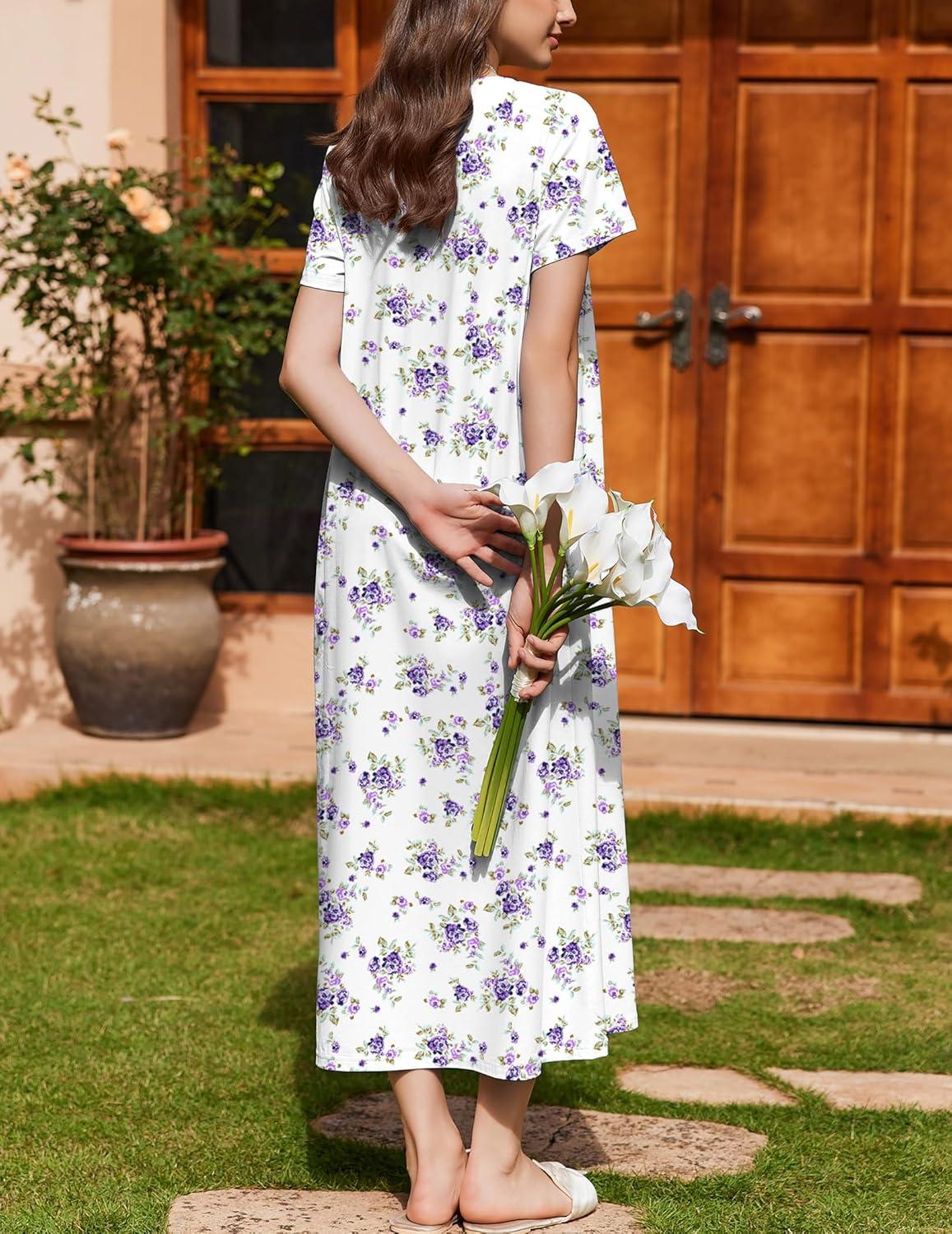 imageEkouaer Nightgown for Women Cotton Long Night Gown Short Sleeve Nightdress with Pockets Button Sleepshirt Soft SleepwearWhite Purple Florals