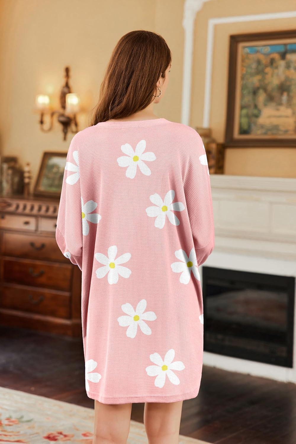 imageEkouaer Nightgowns for Women Long Sleeve Sleep Shirts Waffle Knit Nightshirts Soft Sleep Dress Oversized SleepwearFloral Pink