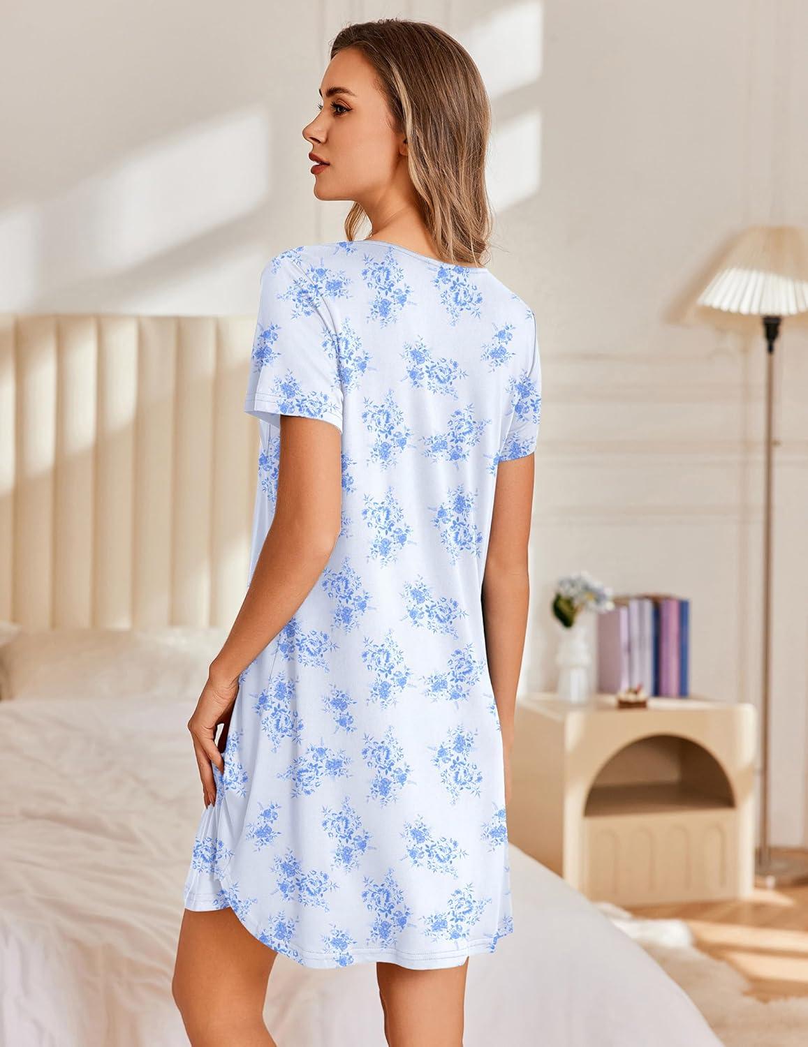 imageEkouaer Nightgowns for Women Pleated Sleep Shirts Short Sleeve Night Shirts Lace Trim Night Gown Ladies Sleep DressFloral Light Blue