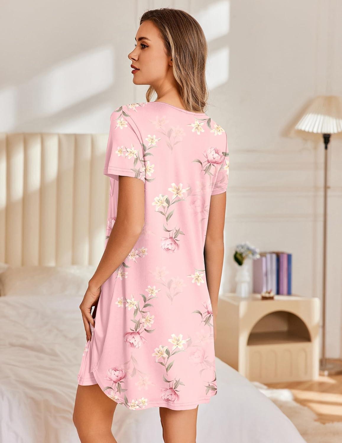 imageEkouaer Nightgowns for Women Pleated Sleep Shirts Short Sleeve Night Shirts Lace Trim Night Gown Ladies Sleep DressLily Elegance