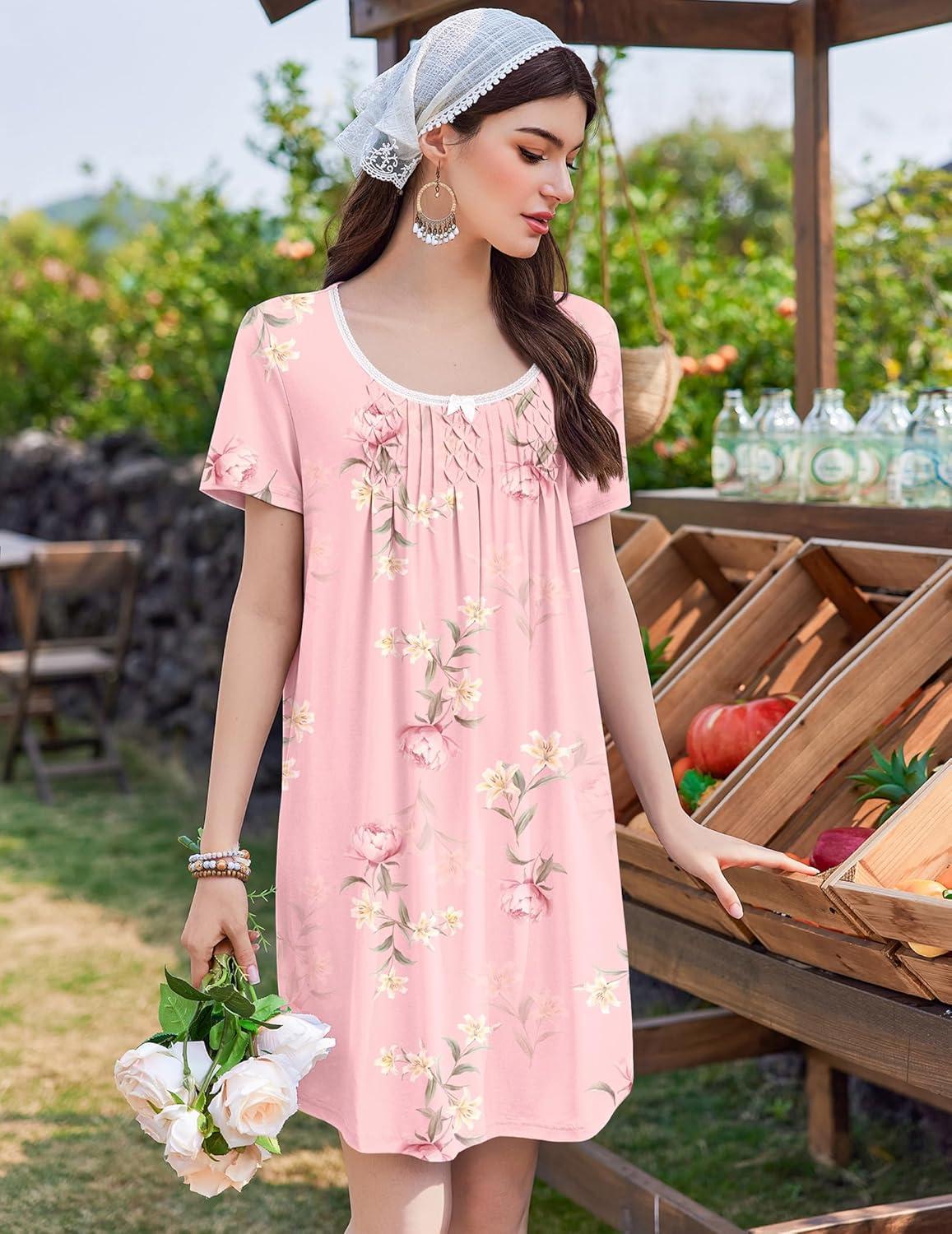 imageEkouaer Nightgowns for Women Pleated Sleep Shirts Short Sleeve Night Shirts Lace Trim Night Gown Ladies Sleep DressLily Elegance