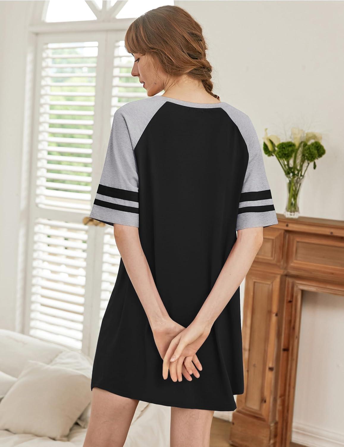 imageEkouaer Nightgowns for Women Short Sleeve Sleepshirts Crew Neck Nightshirts Color Block Pajamas Dress Soft SleepwearBlack