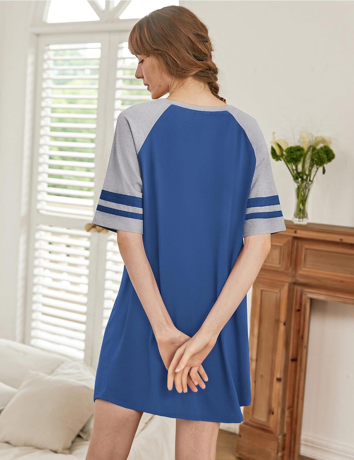 imageEkouaer Nightgowns for Women Short Sleeve Sleepshirts Crew Neck Nightshirts Color Block Pajamas Dress Soft SleepwearBlue