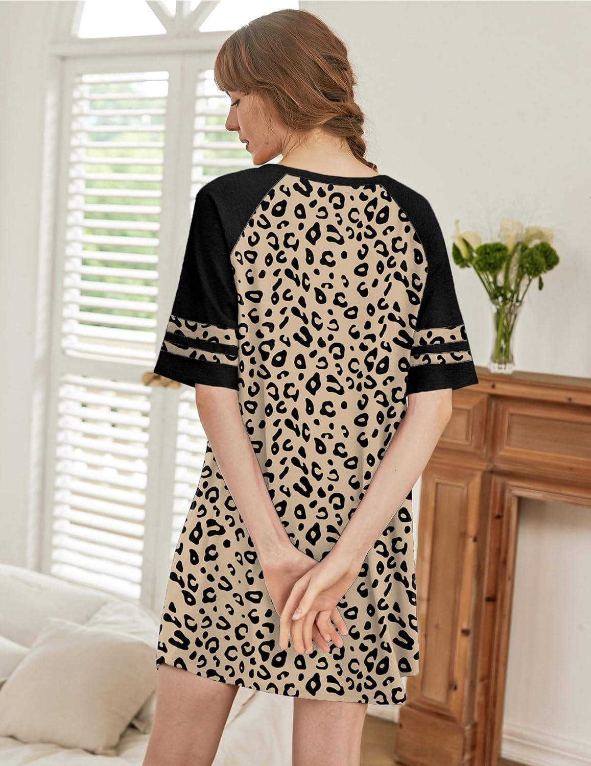 imageEkouaer Nightgowns for Women Short Sleeve Sleepshirts Crew Neck Nightshirts Color Block Pajamas Dress Soft SleepwearLeopard Print