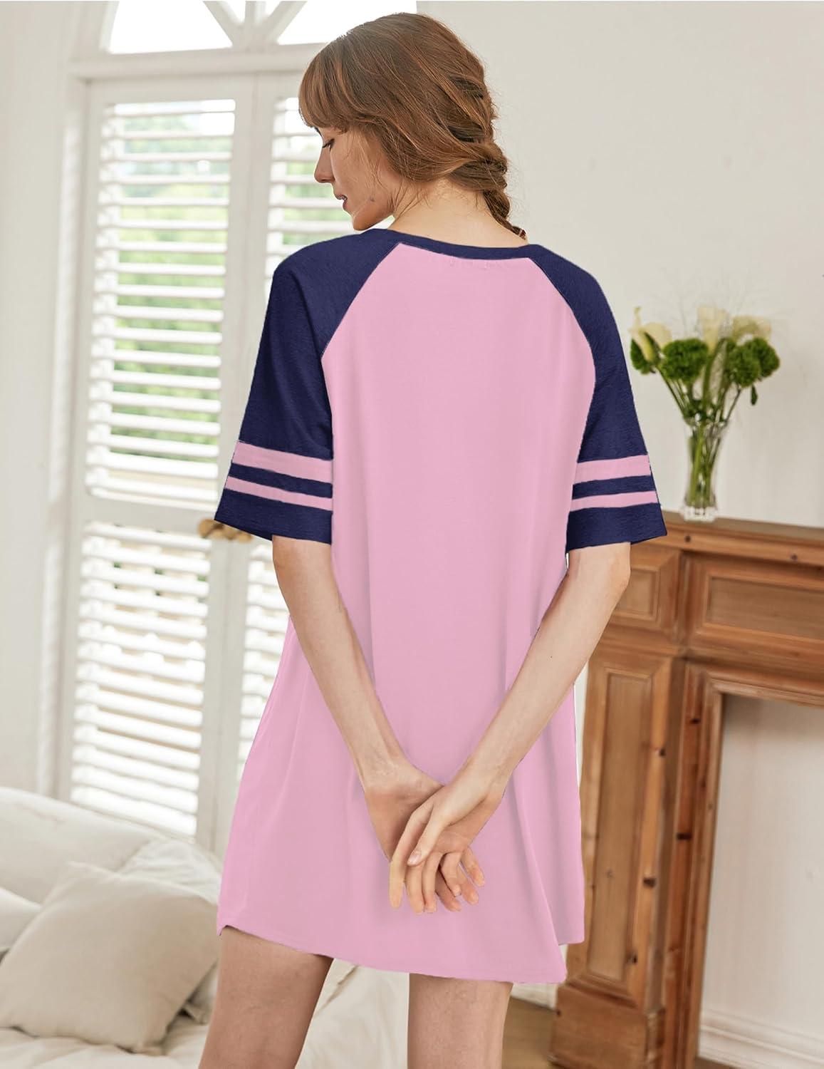 imageEkouaer Nightgowns for Women Short Sleeve Sleepshirts Crew Neck Nightshirts Color Block Pajamas Dress Soft SleepwearLight Pink