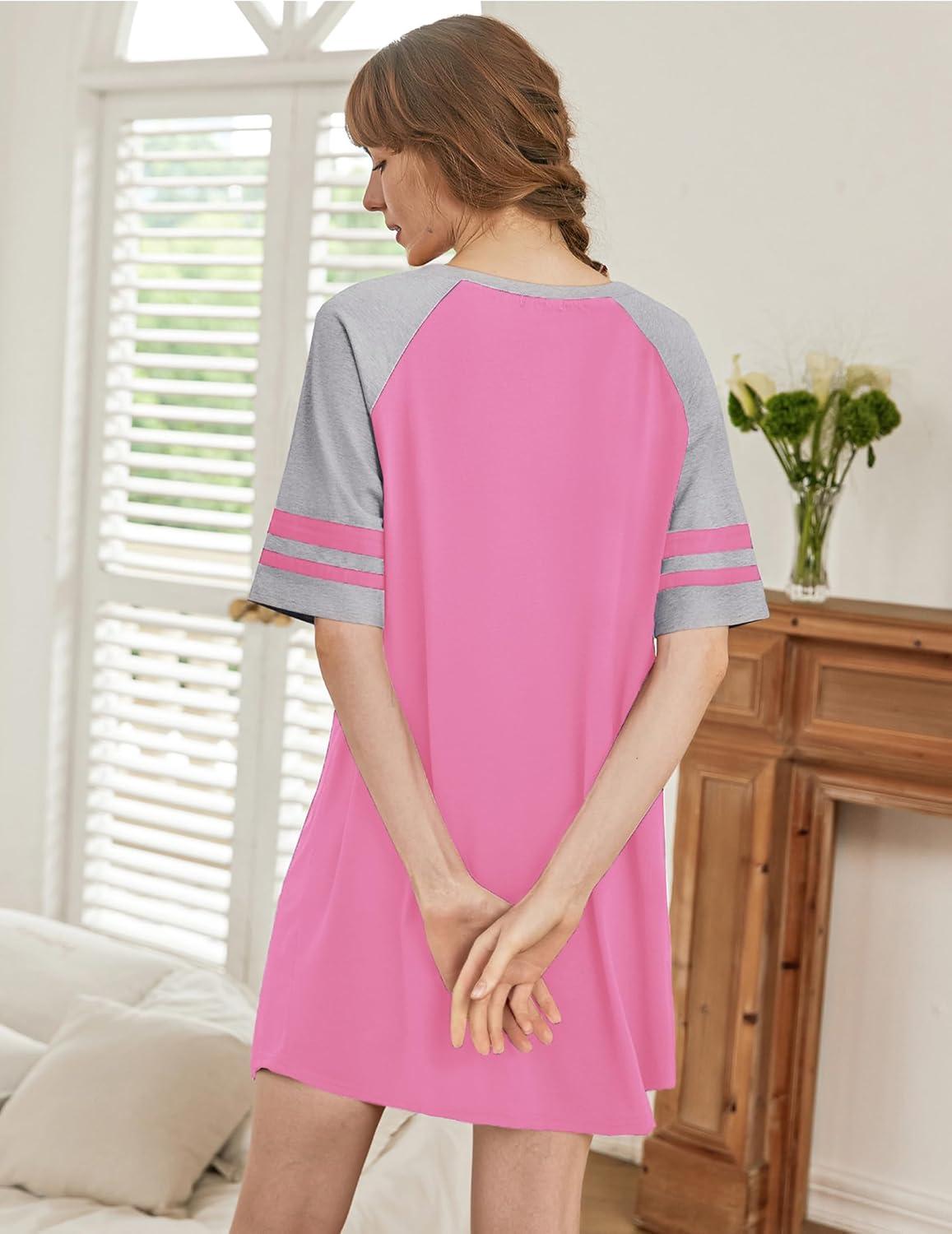 imageEkouaer Nightgowns for Women Short Sleeve Sleepshirts Crew Neck Nightshirts Color Block Pajamas Dress Soft SleepwearPeach Pink