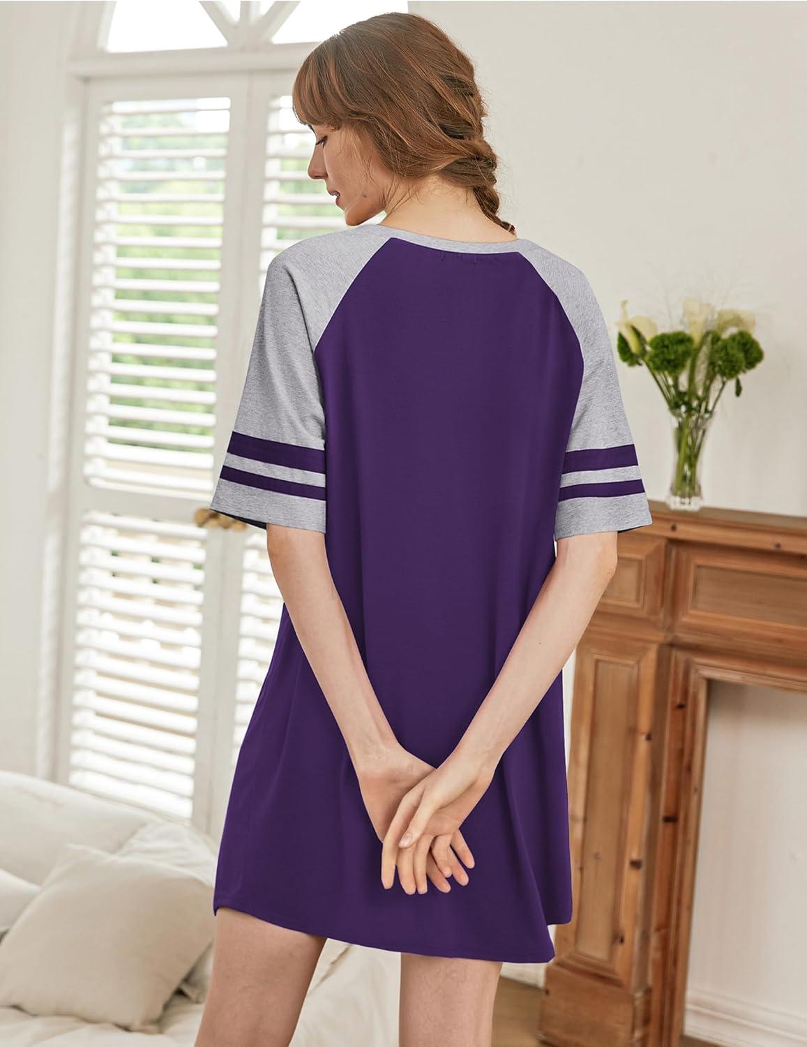 imageEkouaer Nightgowns for Women Short Sleeve Sleepshirts Crew Neck Nightshirts Color Block Pajamas Dress Soft SleepwearPurple