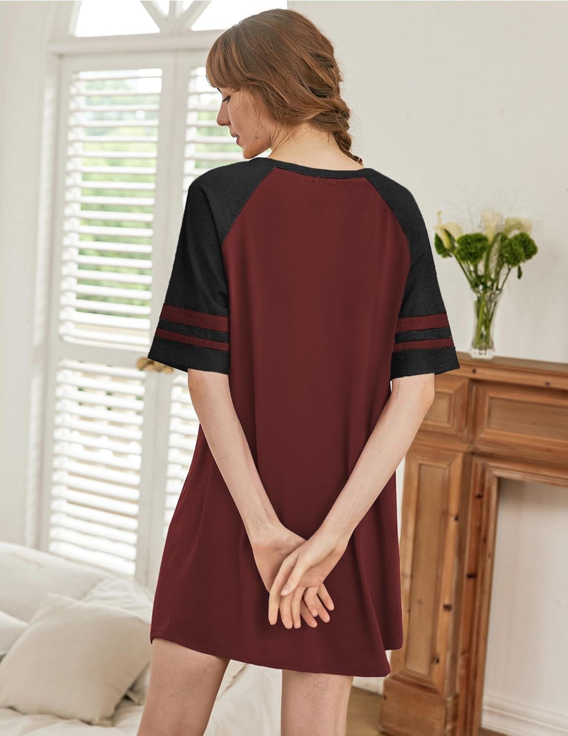 imageEkouaer Nightgowns for Women Short Sleeve Sleepshirts Crew Neck Nightshirts Color Block Pajamas Dress Soft SleepwearWine Red