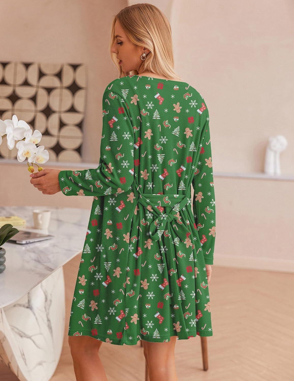 imageEkouaer Pajamas for Women Set 3 Piece Lounge Set Soft Pajama Sets Waffle Knit Tank Top and Shorts Cardigan with Pockets SXXLGreen Christmas Pattern