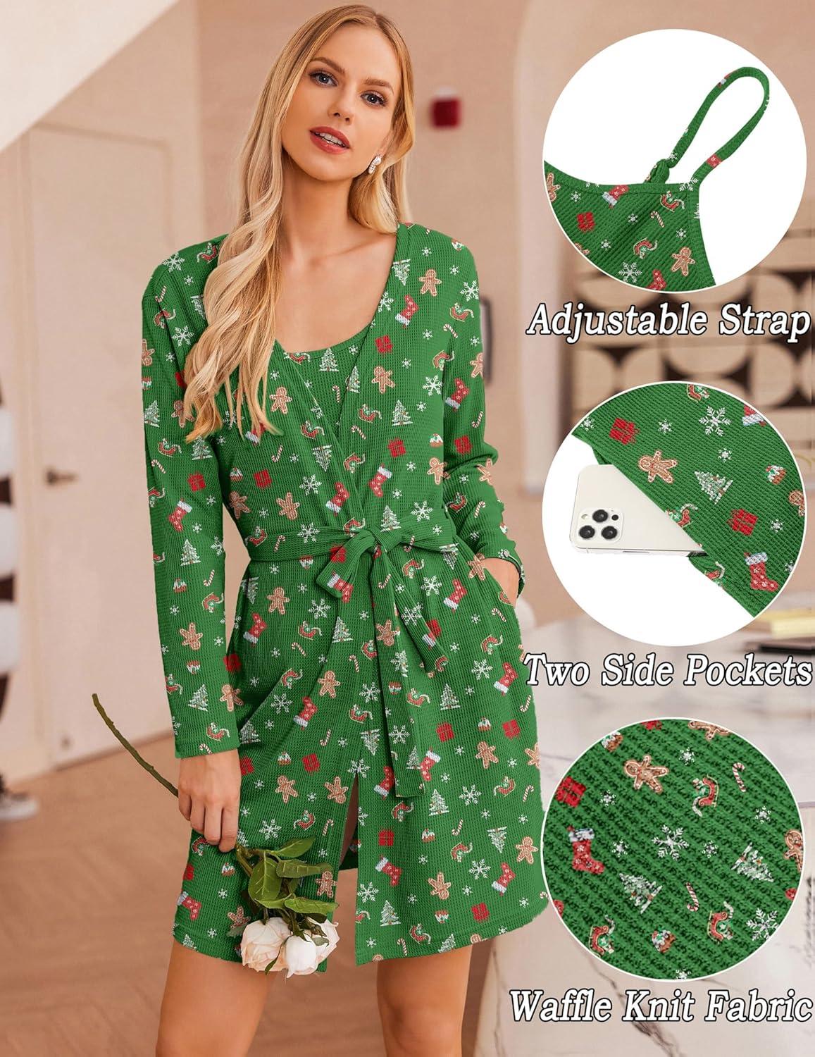imageEkouaer Pajamas for Women Set 3 Piece Lounge Set Soft Pajama Sets Waffle Knit Tank Top and Shorts Cardigan with Pockets SXXLGreen Christmas Pattern