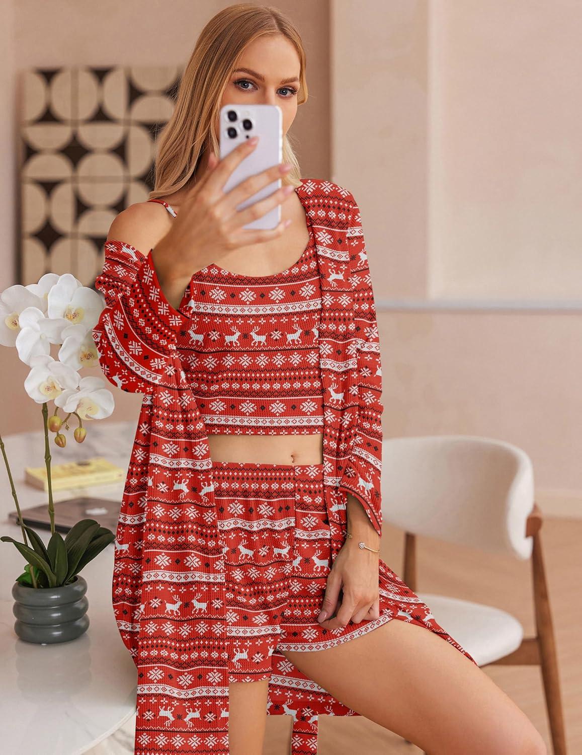 imageEkouaer Pajamas for Women Set 3 Piece Lounge Set Soft Pajama Sets Waffle Knit Tank Top and Shorts Cardigan with Pockets SXXLRed Christmas Pattern