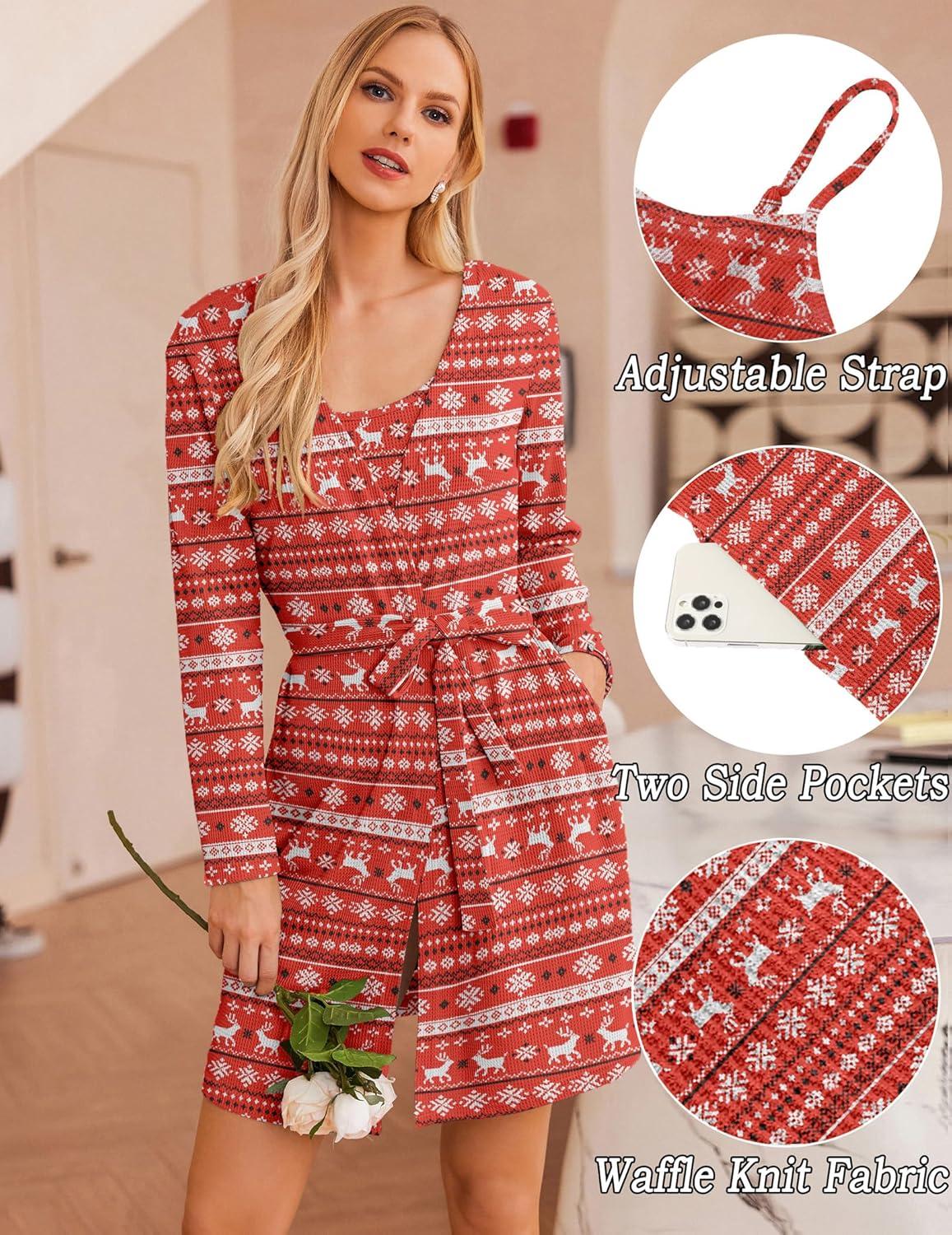 imageEkouaer Pajamas for Women Set 3 Piece Lounge Set Soft Pajama Sets Waffle Knit Tank Top and Shorts Cardigan with Pockets SXXLRed Christmas Pattern