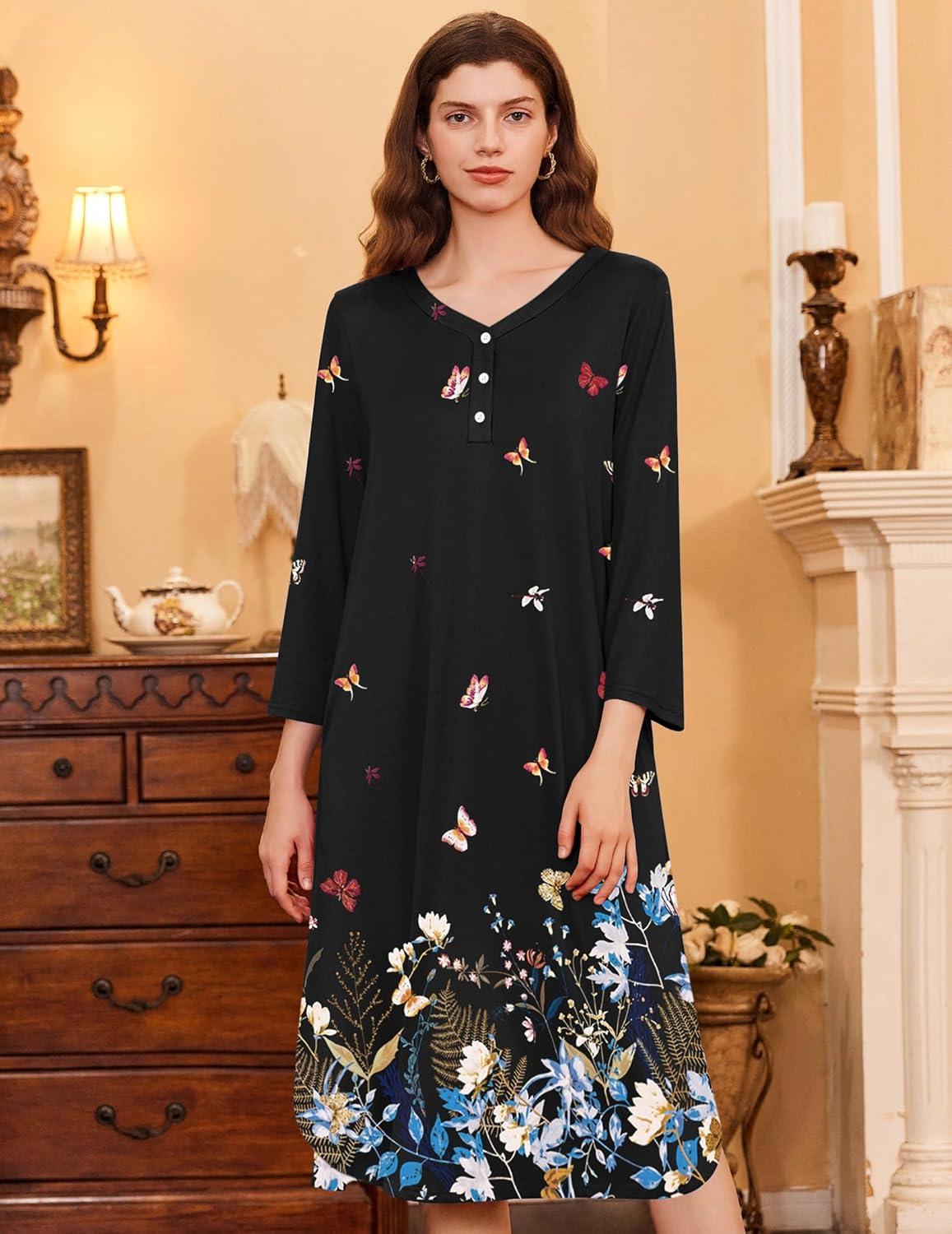 imageEkouaer Womens Long Nightgowns Plaid Sleepwear Soft Loose Nightshirt 34 Sleeve Plus Size Housecoat with Button ampamp PocketsBlack Butterfly