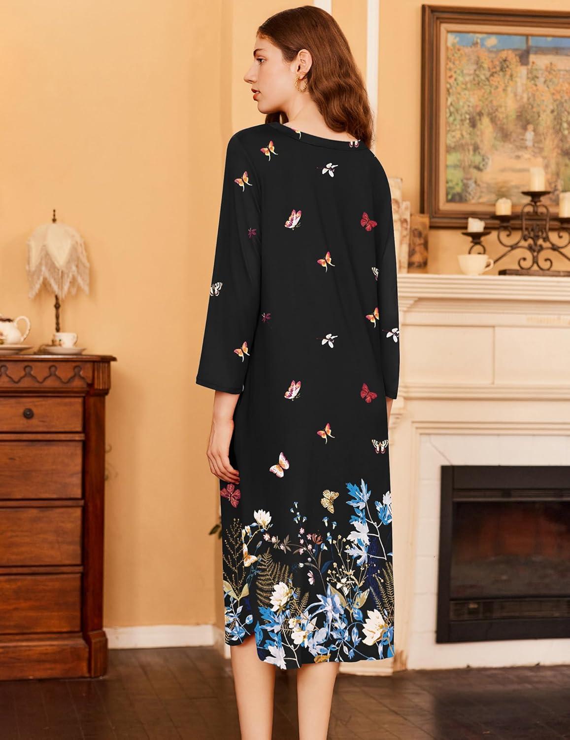 imageEkouaer Womens Long Nightgowns Plaid Sleepwear Soft Loose Nightshirt 34 Sleeve Plus Size Housecoat with Button ampamp PocketsBlack Butterfly