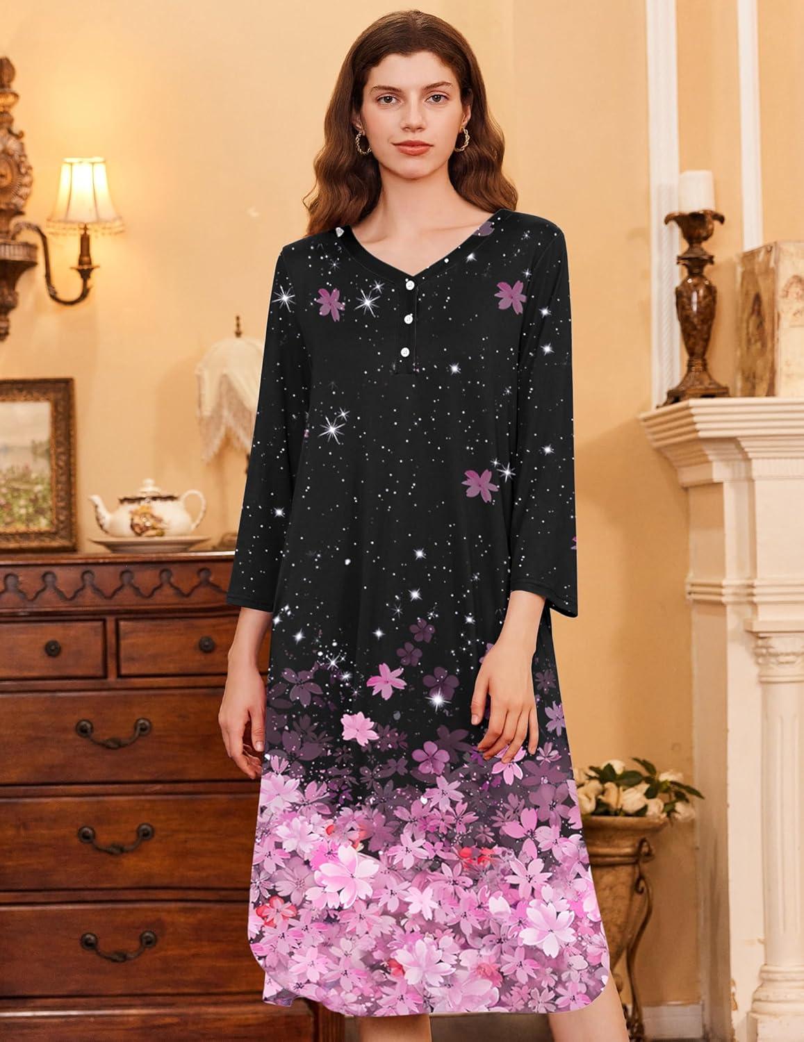 imageEkouaer Womens Long Nightgowns Plaid Sleepwear Soft Loose Nightshirt 34 Sleeve Plus Size Housecoat with Button ampamp PocketsBlack Sakura