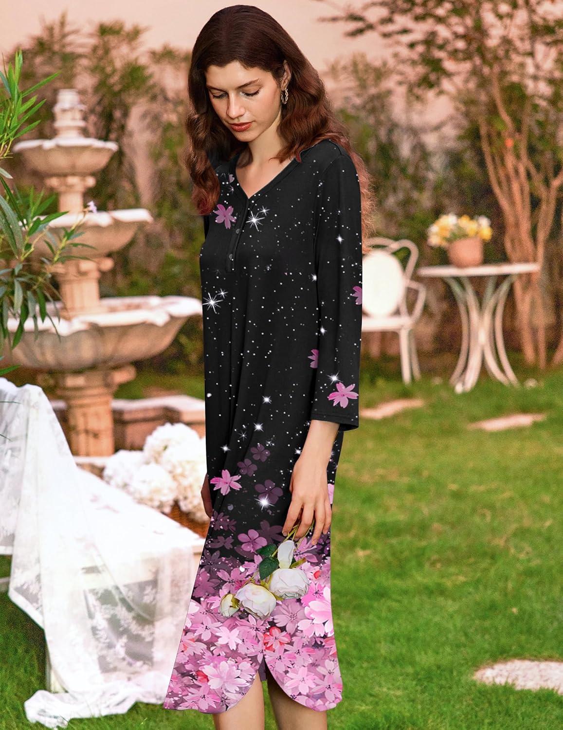 imageEkouaer Womens Long Nightgowns Plaid Sleepwear Soft Loose Nightshirt 34 Sleeve Plus Size Housecoat with Button ampamp PocketsBlack Sakura