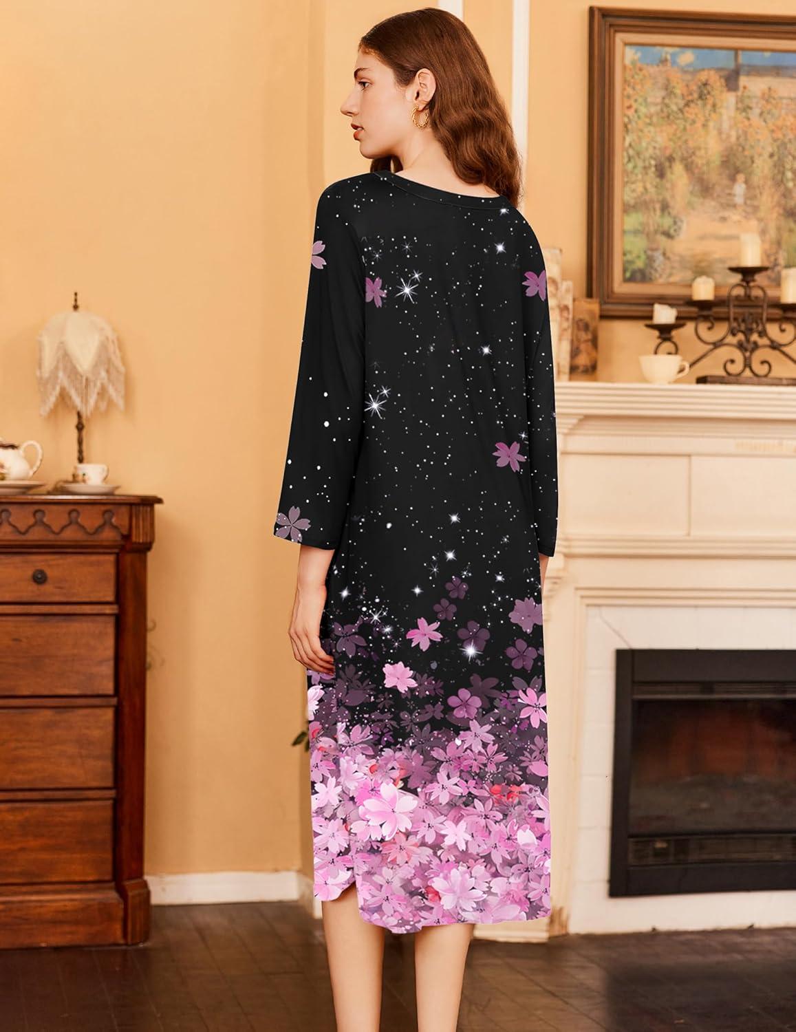 imageEkouaer Womens Long Nightgowns Plaid Sleepwear Soft Loose Nightshirt 34 Sleeve Plus Size Housecoat with Button ampamp PocketsBlack Sakura