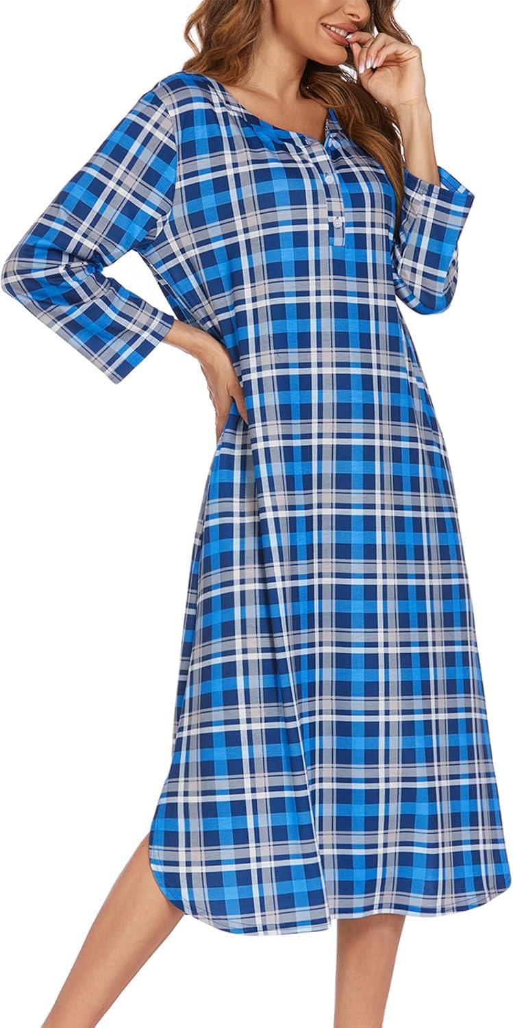 imageEkouaer Womens Long Nightgowns Plaid Sleepwear Soft Loose Nightshirt 34 Sleeve Plus Size Housecoat with Button ampamp PocketsLight Blue Plaid