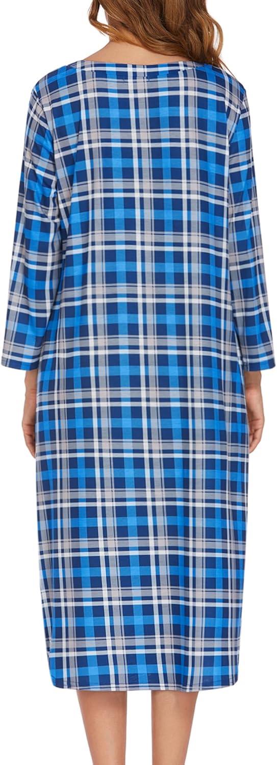 imageEkouaer Womens Long Nightgowns Plaid Sleepwear Soft Loose Nightshirt 34 Sleeve Plus Size Housecoat with Button ampamp PocketsLight Blue Plaid