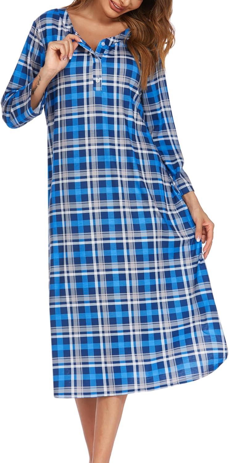 imageEkouaer Womens Long Nightgowns Plaid Sleepwear Soft Loose Nightshirt 34 Sleeve Plus Size Housecoat with Button ampamp PocketsLight Blue Plaid