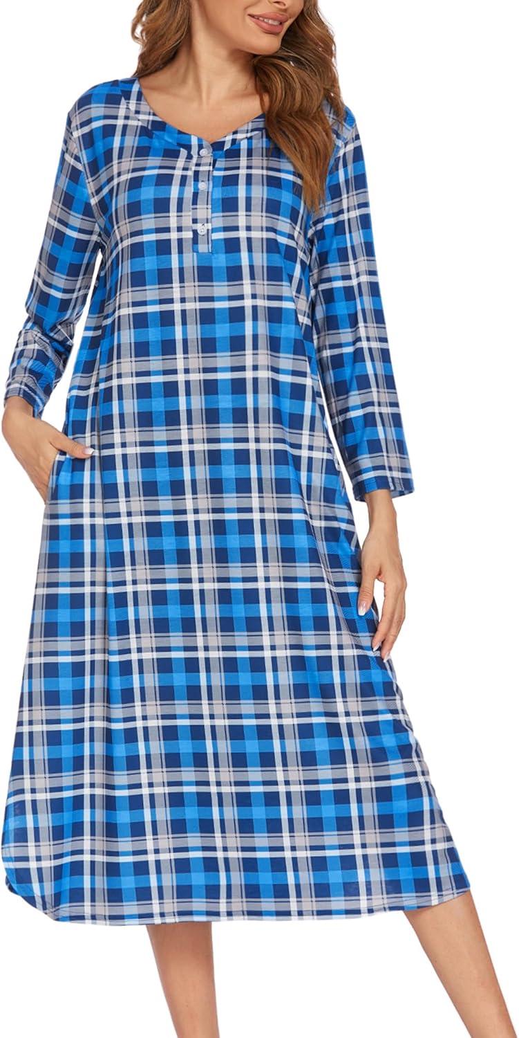 imageEkouaer Womens Long Nightgowns Plaid Sleepwear Soft Loose Nightshirt 34 Sleeve Plus Size Housecoat with Button ampamp PocketsLight Blue Plaid