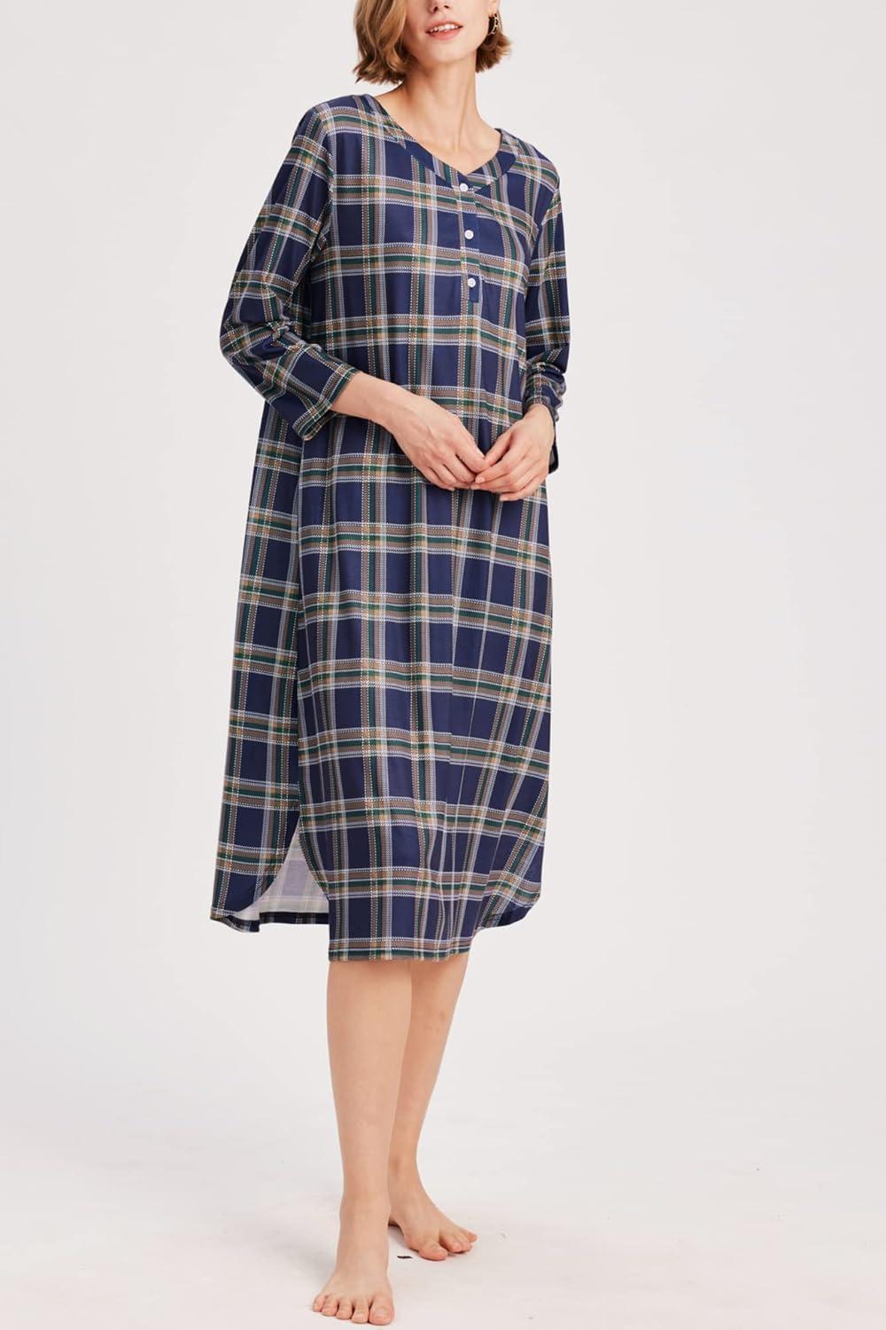 imageEkouaer Womens Long Nightgowns Plaid Sleepwear Soft Loose Nightshirt 34 Sleeve Plus Size Housecoat with Button ampamp PocketsNavy Yellow Plaid