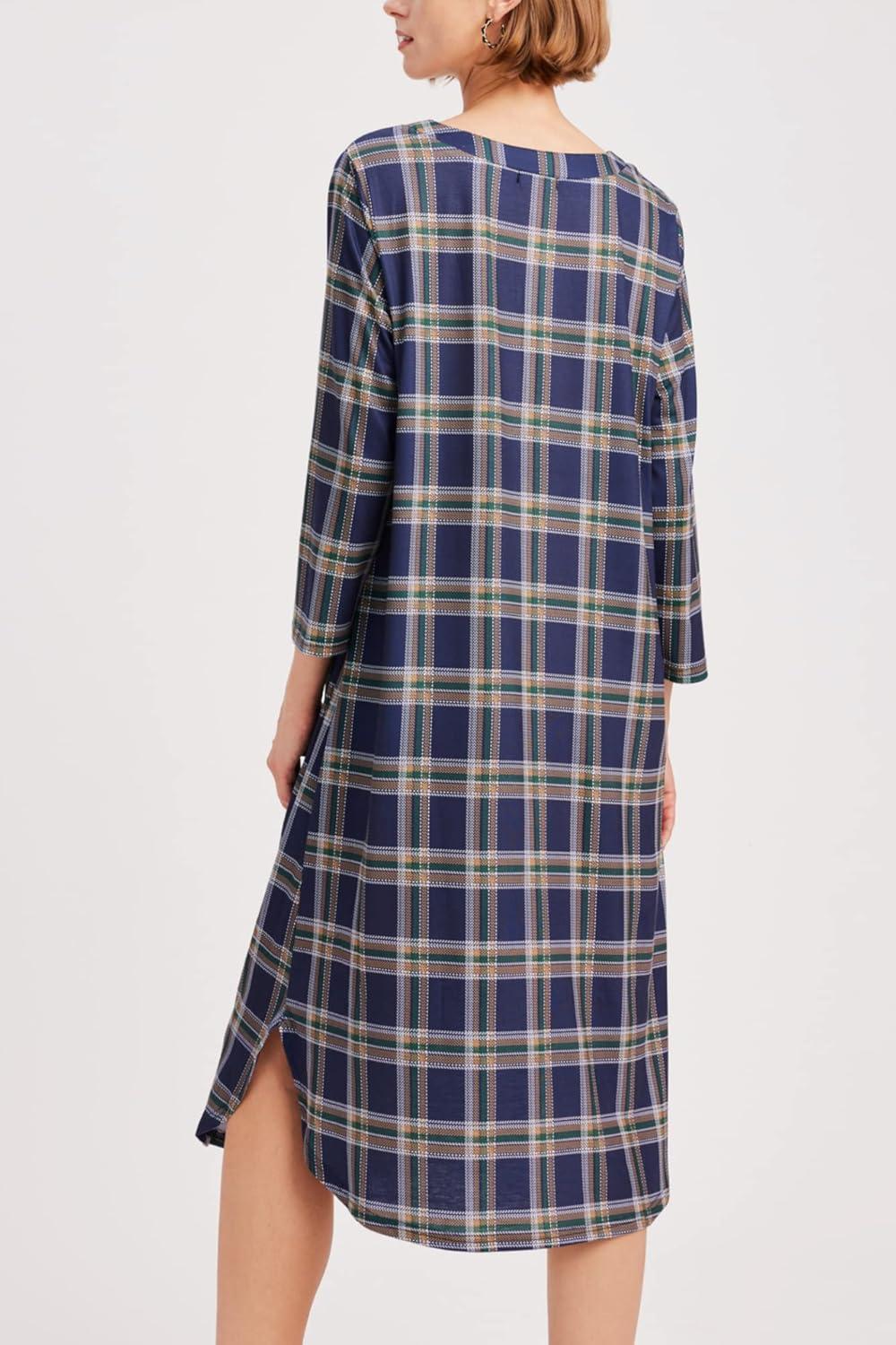 imageEkouaer Womens Long Nightgowns Plaid Sleepwear Soft Loose Nightshirt 34 Sleeve Plus Size Housecoat with Button ampamp PocketsNavy Yellow Plaid