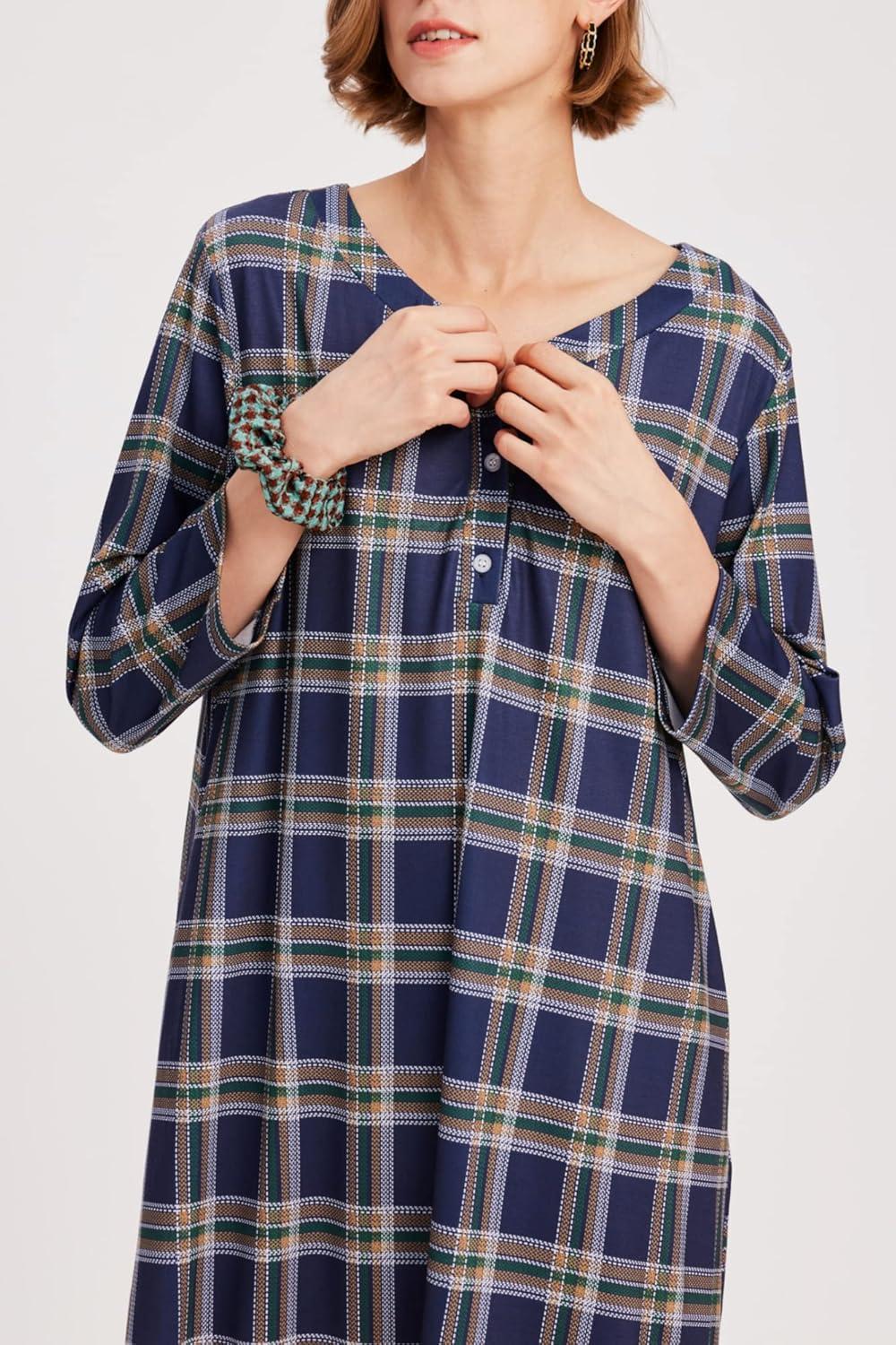 imageEkouaer Womens Long Nightgowns Plaid Sleepwear Soft Loose Nightshirt 34 Sleeve Plus Size Housecoat with Button ampamp PocketsNavy Yellow Plaid