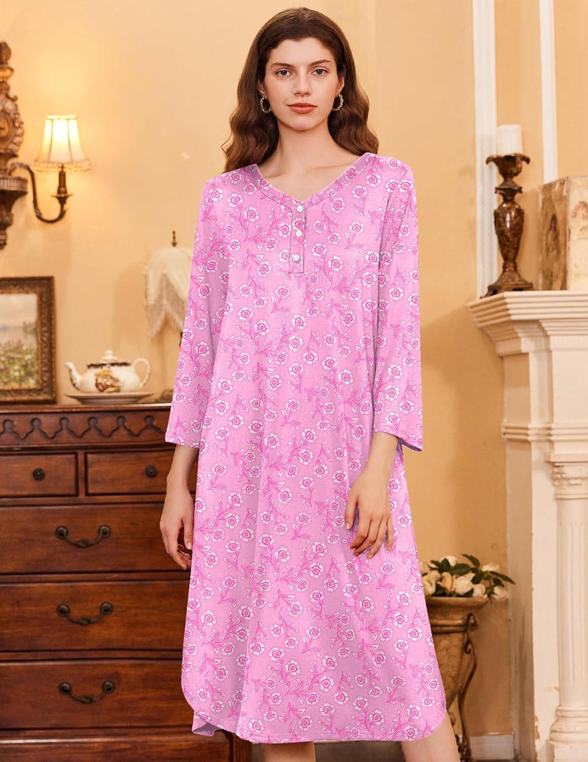 imageEkouaer Womens Long Nightgowns Plaid Sleepwear Soft Loose Nightshirt 34 Sleeve Plus Size Housecoat with Button ampamp PocketsPink Florals