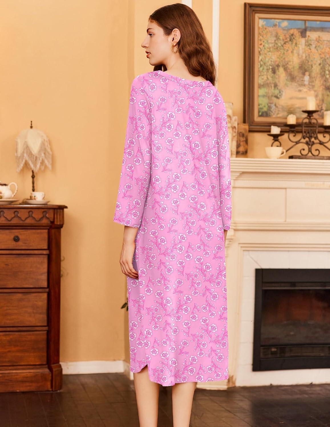 imageEkouaer Womens Long Nightgowns Plaid Sleepwear Soft Loose Nightshirt 34 Sleeve Plus Size Housecoat with Button ampamp PocketsPink Florals