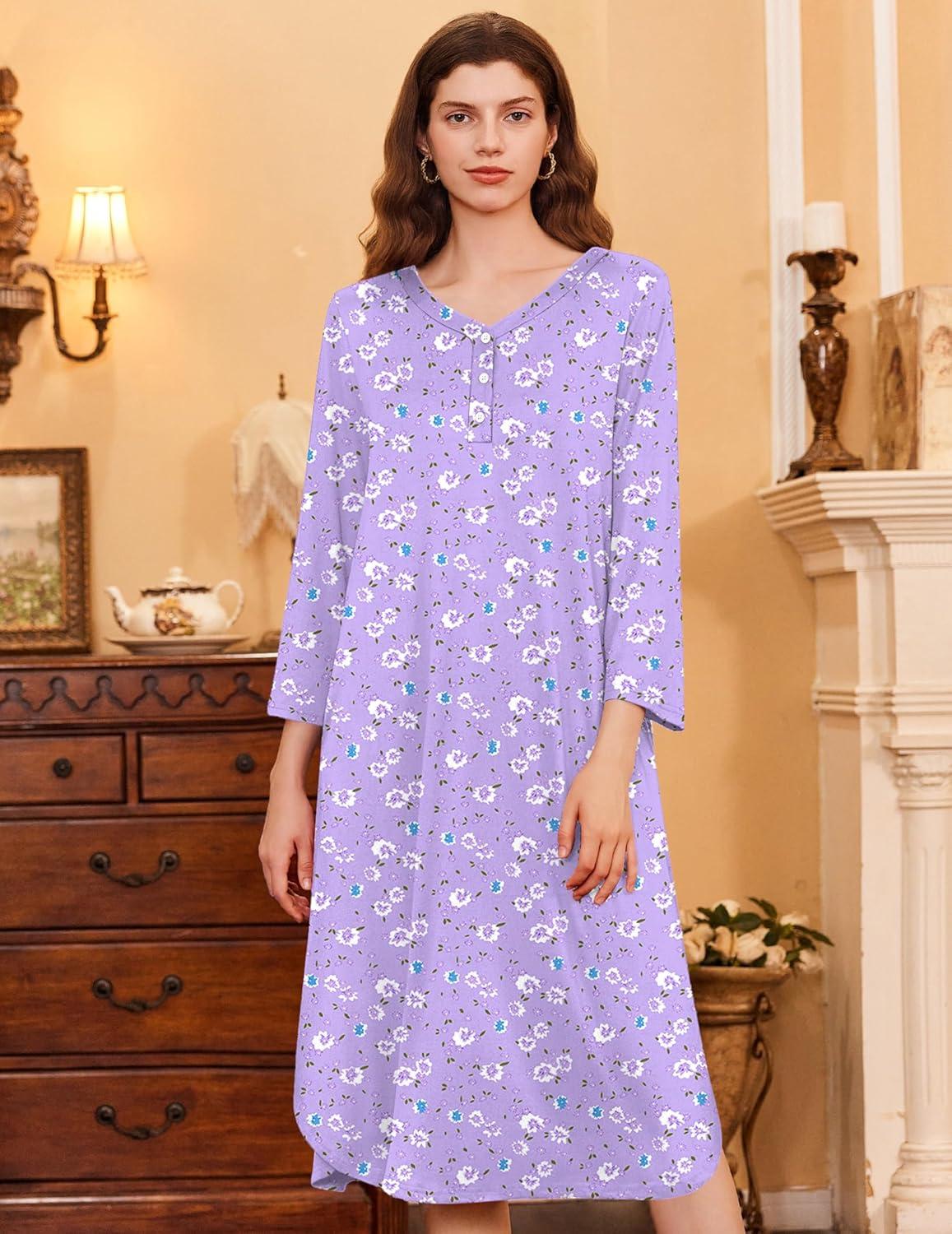 imageEkouaer Womens Long Nightgowns Plaid Sleepwear Soft Loose Nightshirt 34 Sleeve Plus Size Housecoat with Button ampamp PocketsPurple Flowers